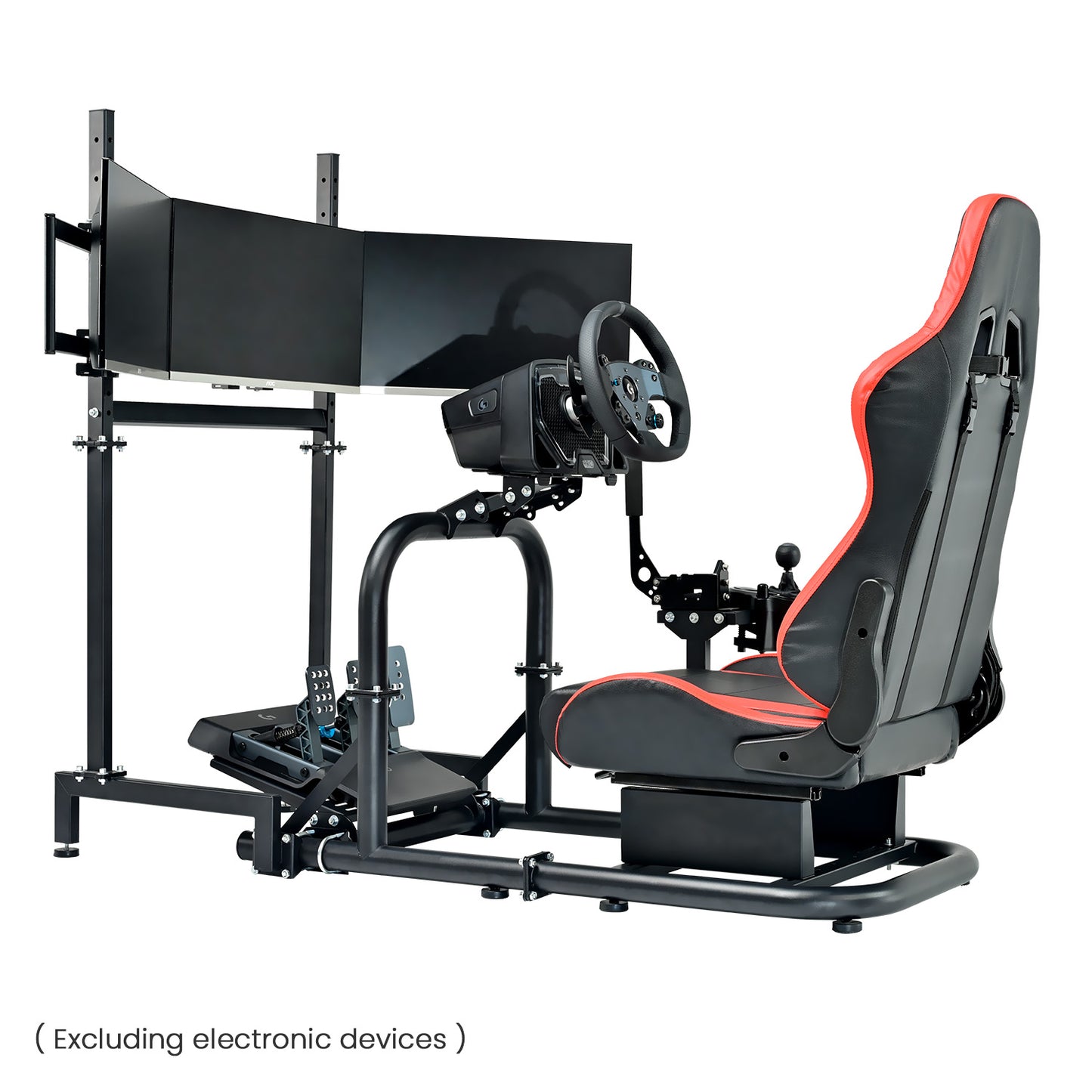 Mokapit G29 Racing Simulator Cockpit Stand with Triple Screen TV Stand and Red Seat Fit for Logitech G920 G923 Thrustmaster T300RS Fanatec, 50mm Large Round Tube Steering Wheel Stand Without shift levers, steering wheels, pedals and monitor