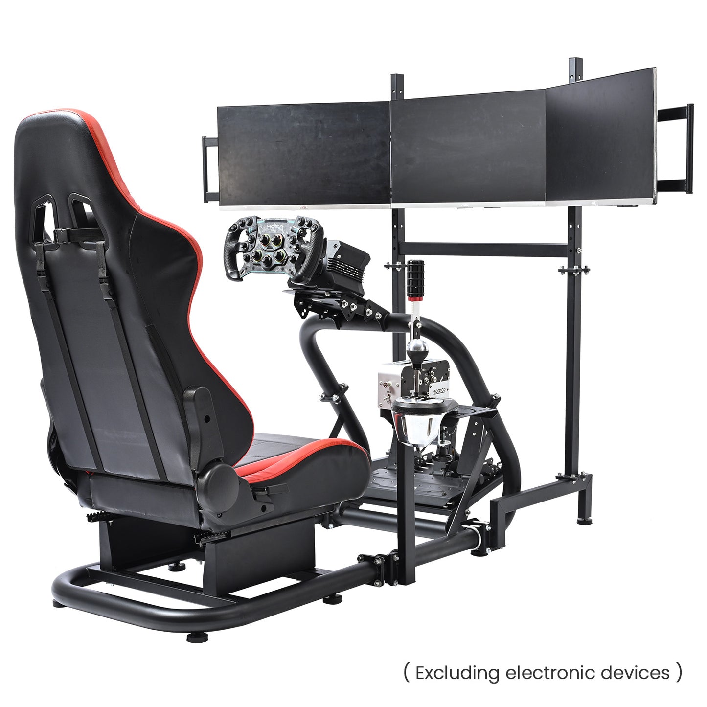 Mokapit 50mm Large Round Tube Racing Simulator Cockpit with Red Seat & Triple Screen Display Stand Fits for Logitech Pro G29/G920/G923 Thrustmaster T300RS Fanatec, Excluding Steering Wheel Pedals Shifter