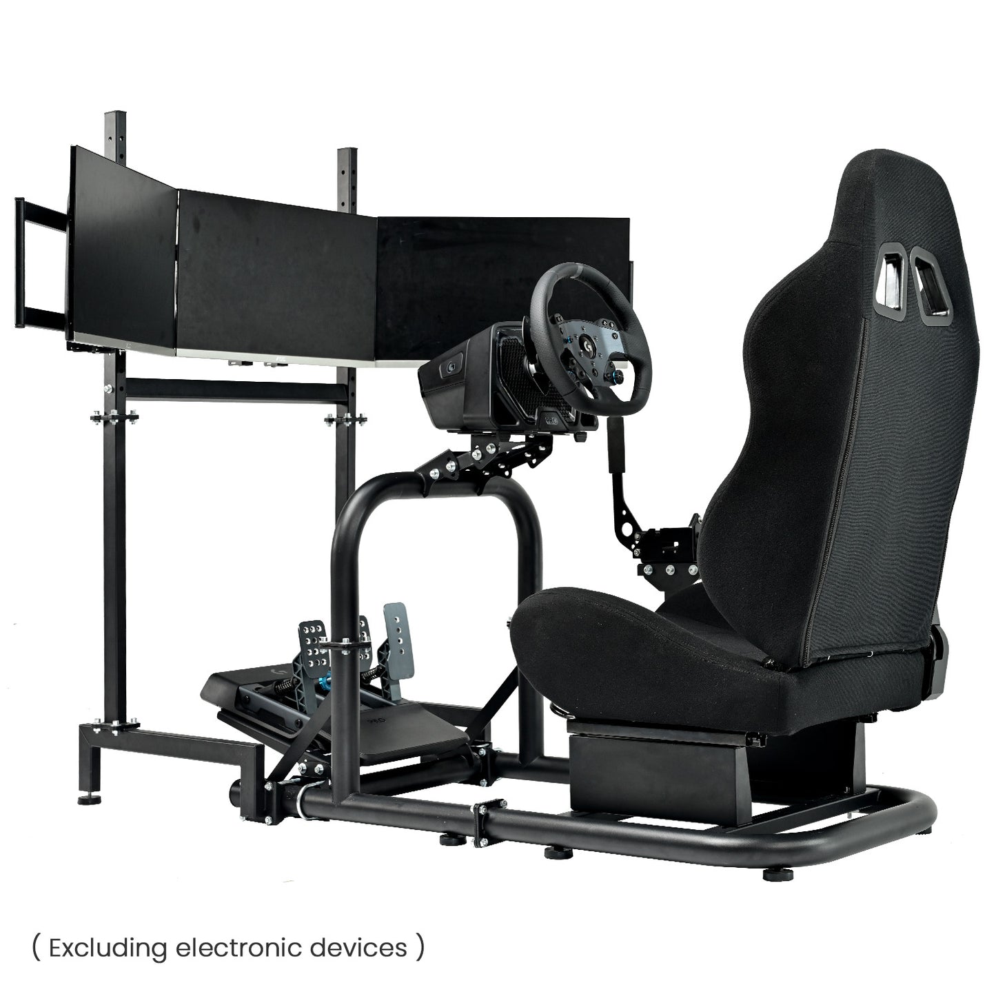 Mokapit Racing Simulator Cockpit Stand with Triple Screen TV Stand and Black Seat Fit for Logitech/ Thrustmaster/ Fanatec G29 G920 G923 T300RS, 50mm Round Tube & Steering Wheel Stand & Stable & Durable