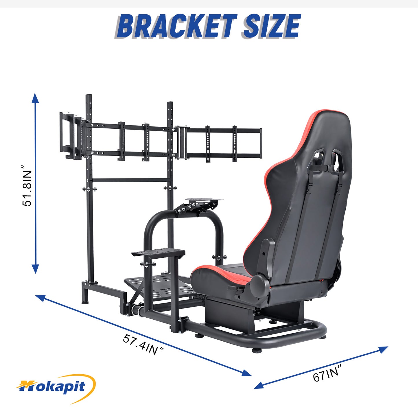 Mokapit G29 Racing Simulator Cockpit Stand with Triple Screen TV Stand and Red Seat Fit for Logitech G920 G923 Thrustmaster T300RS Fanatec, 50mm Large Round Tube Steering Wheel Stand Without shift levers, steering wheels, pedals and monitor