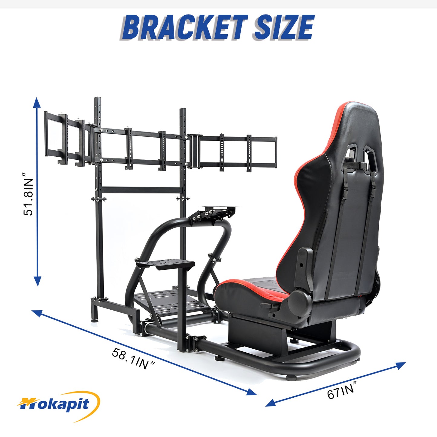 Mokapit 50mm Large Round Tube Racing Simulator Cockpit with Red Seat & Triple Screen Display Stand Fits for Logitech Pro G29/G920/G923 Thrustmaster T300RS Fanatec, Excluding Steering Wheel Pedals Shifter