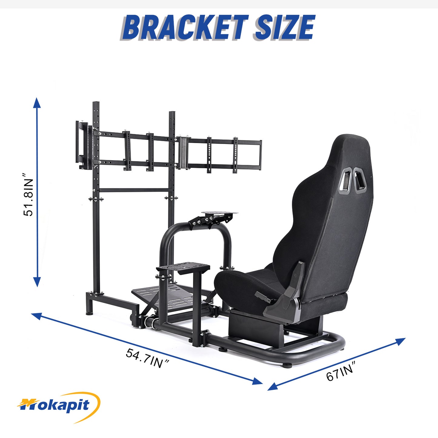 Mokapit Racing Simulator Cockpit Stand with Triple Screen TV Stand and Black Seat Fit for Logitech/ Thrustmaster/ Fanatec G29 G920 G923 T300RS, 50mm Round Tube & Steering Wheel Stand & Stable & Durable