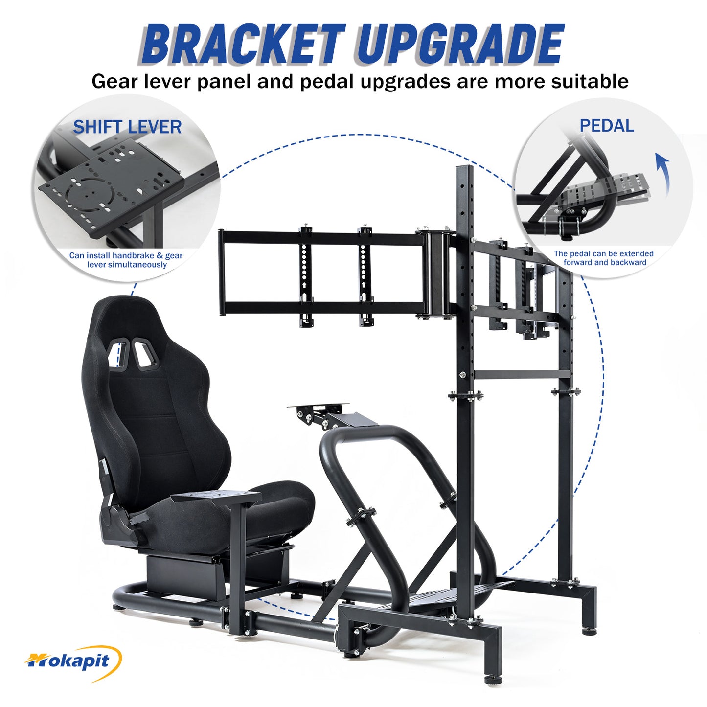 Mokapit G29 Racing Simulator Cockpit, 50mm Round Tube & Comfortable Seat &Triple Screen TV Stand Fits for Logitech Pro/G25/G27/G920/G923 Thrustmaster T300RS Fanatec, Not Included Steering Wheel Pedals Shifter and TV