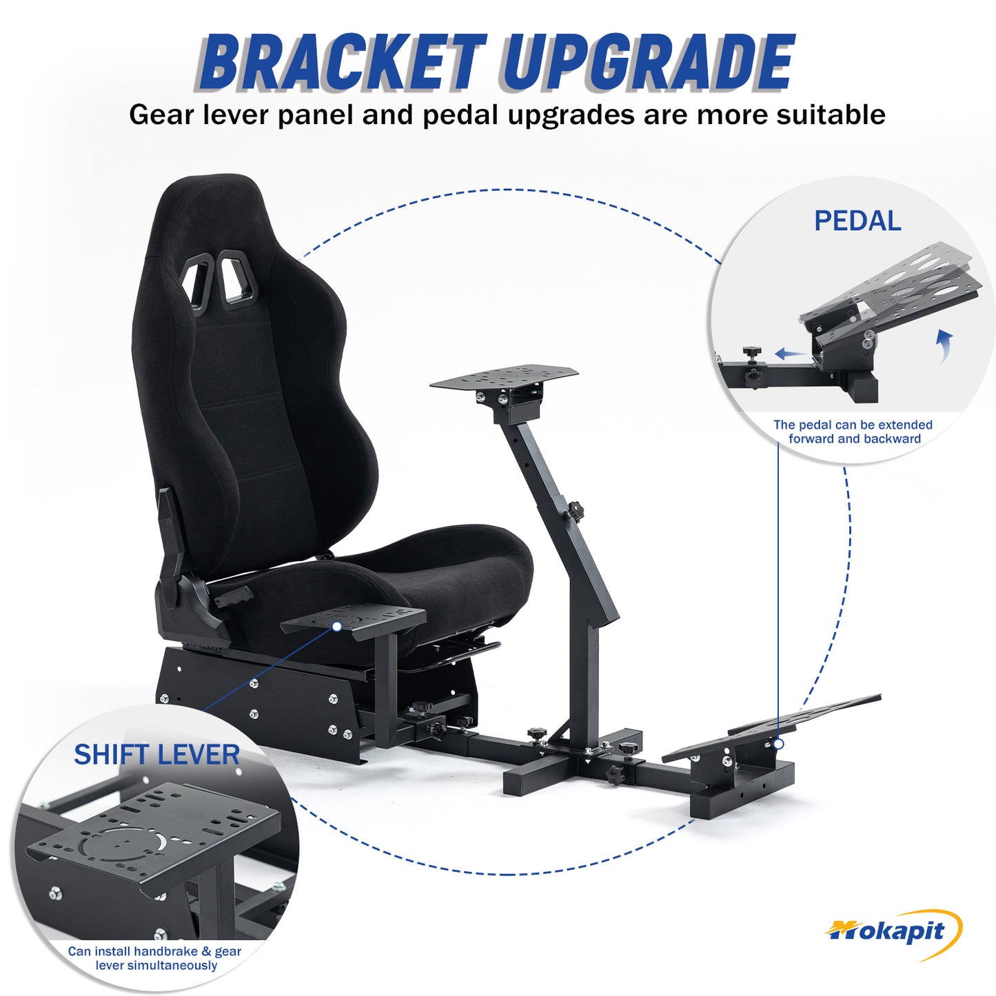 Mokapit Racing Simulator Cockpit Frame with Black Seat (Cockpit 48) Adjustable Fit for Logitech G25,G27,G29,G920,G923 Thrustmaster T80,T150, Racing wheel, Pedals and Shifter Not Include