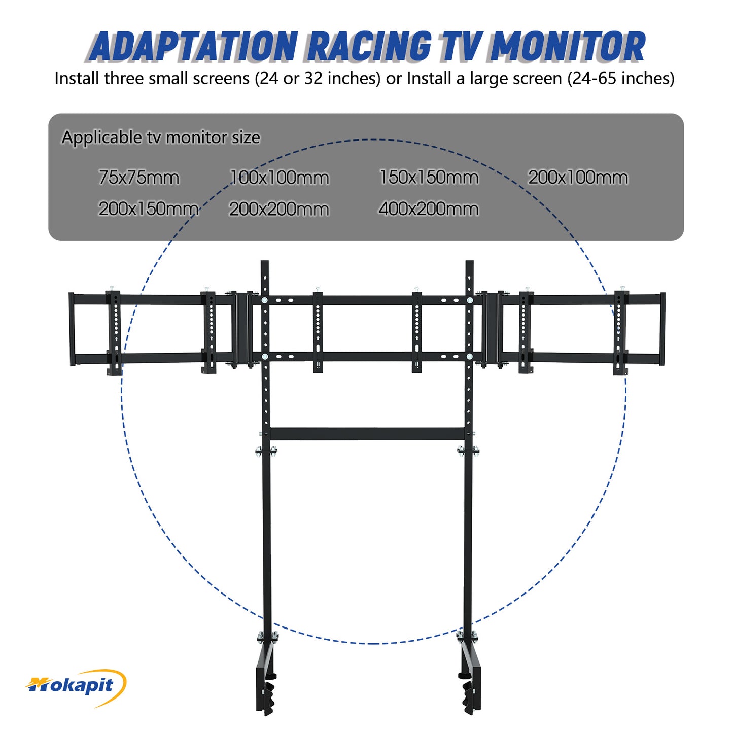 Mokapit Sim Racing Triple Monitor Stand with Adjustable Height & Width for 24-32 Inch Display 3 Screens TV Mount Compatible with Round Tube Racing Sim Cockpit