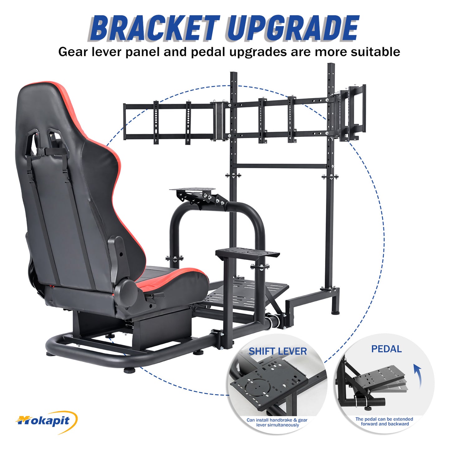 Mokapit G29 Racing Simulator Cockpit Stand with Triple Screen TV Stand and Red Seat Fit for Logitech G920 G923 Thrustmaster T300RS Fanatec, 50mm Large Round Tube Steering Wheel Stand Without shift levers, steering wheels, pedals and monitor