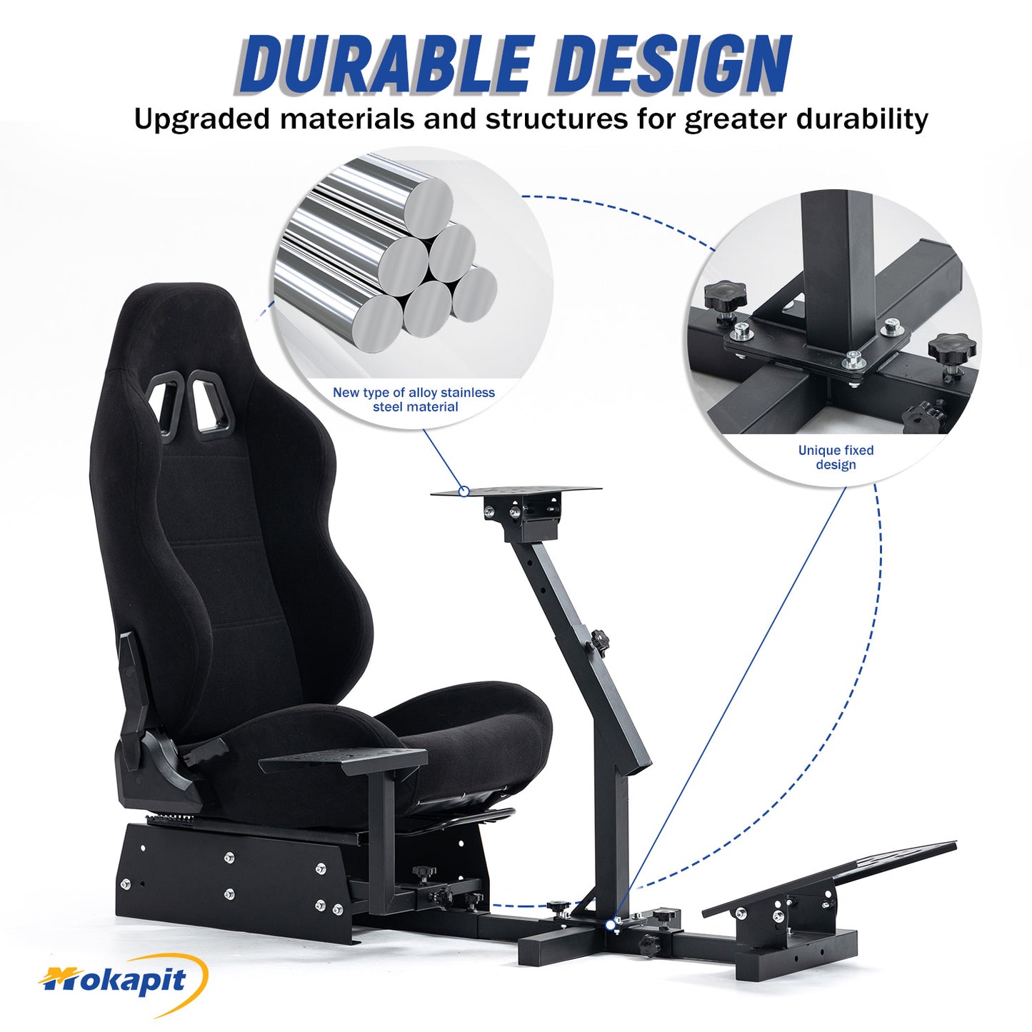 Mokapit Racing Simulator Cockpit Frame with Black Seat (Cockpit 48) Adjustable Fit for Logitech G25,G27,G29,G920,G923 Thrustmaster T80,T150, Racing wheel, Pedals and Shifter Not Include