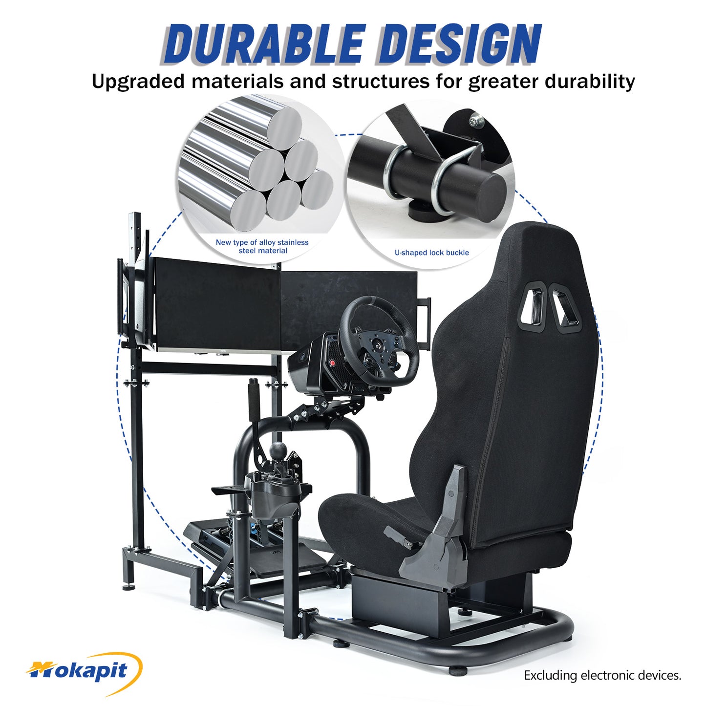 Mokapit Racing Simulator Cockpit Stand with Triple Screen TV Stand and Black Seat Fit for Logitech/ Thrustmaster/ Fanatec G29 G920 G923 T300RS, 50mm Round Tube & Steering Wheel Stand & Stable & Durable