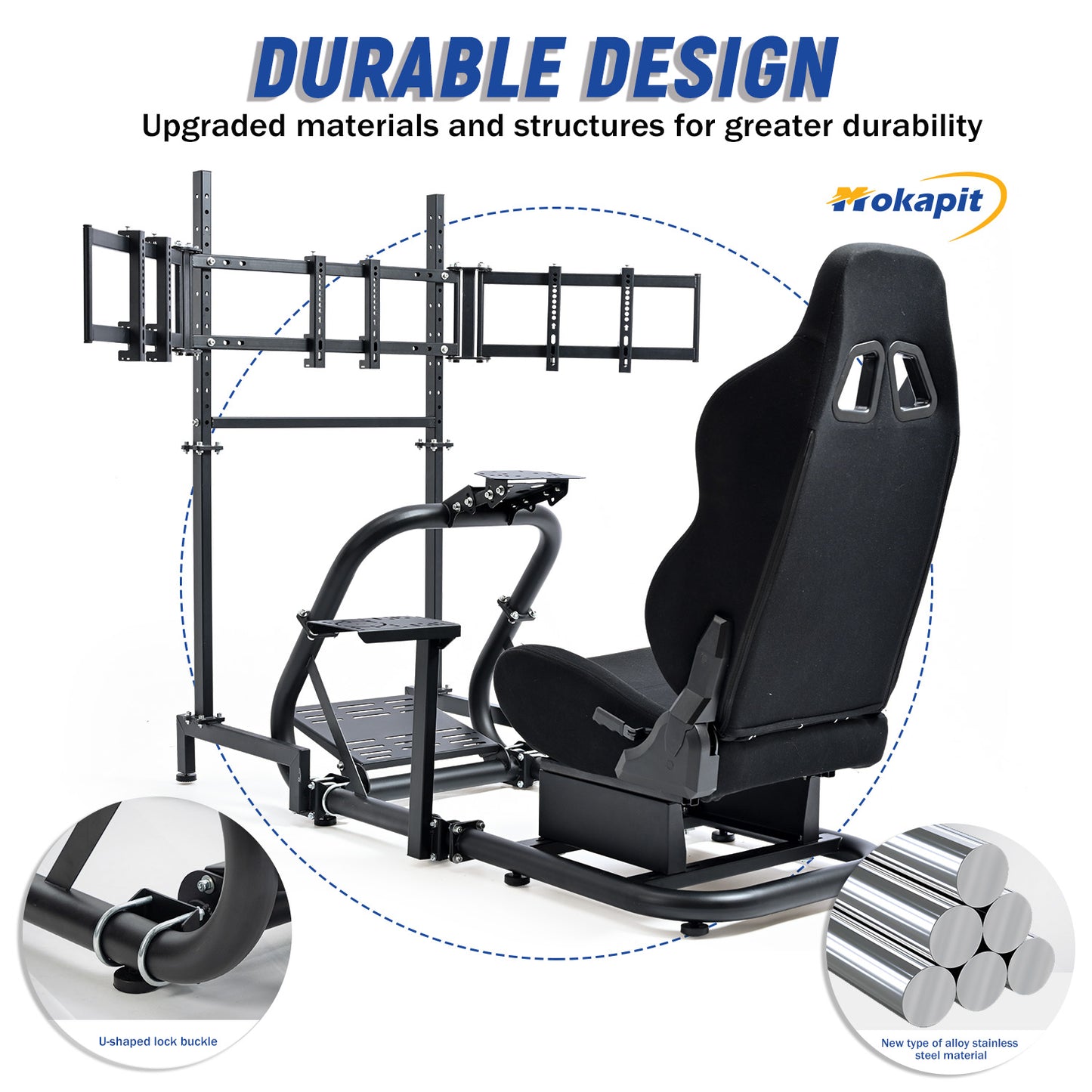 Mokapit G29 Racing Simulator Cockpit, 50mm Round Tube & Comfortable Seat &Triple Screen TV Stand Fits for Logitech Pro/G25/G27/G920/G923 Thrustmaster T300RS Fanatec, Not Included Steering Wheel Pedals Shifter and TV
