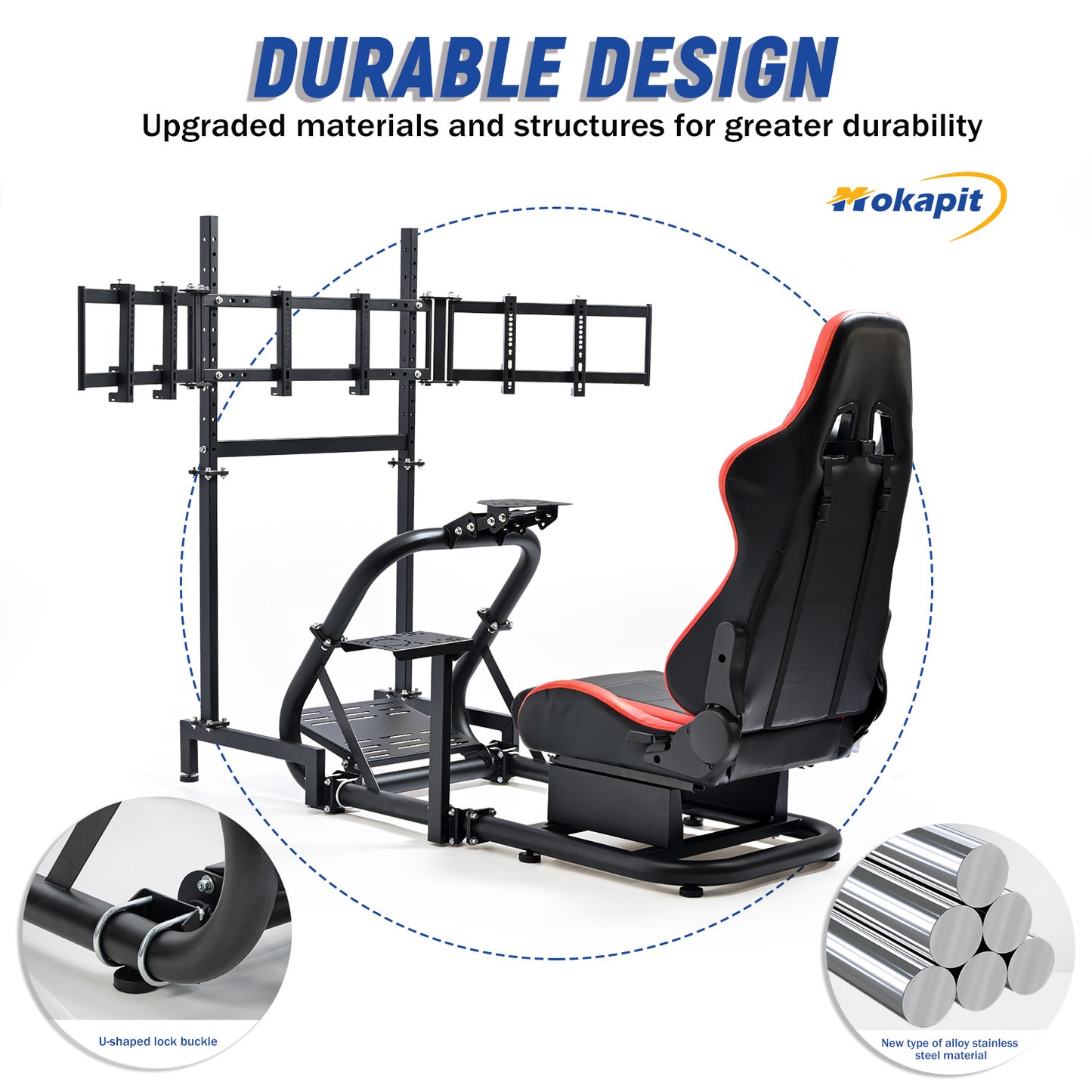Mokapit 50mm Large Round Tube Racing Simulator Cockpit with Red Seat & Triple Screen Display Stand Fits for Logitech Pro G29/G920/G923 Thrustmaster T300RS Fanatec, Excluding Steering Wheel Pedals Shifter
