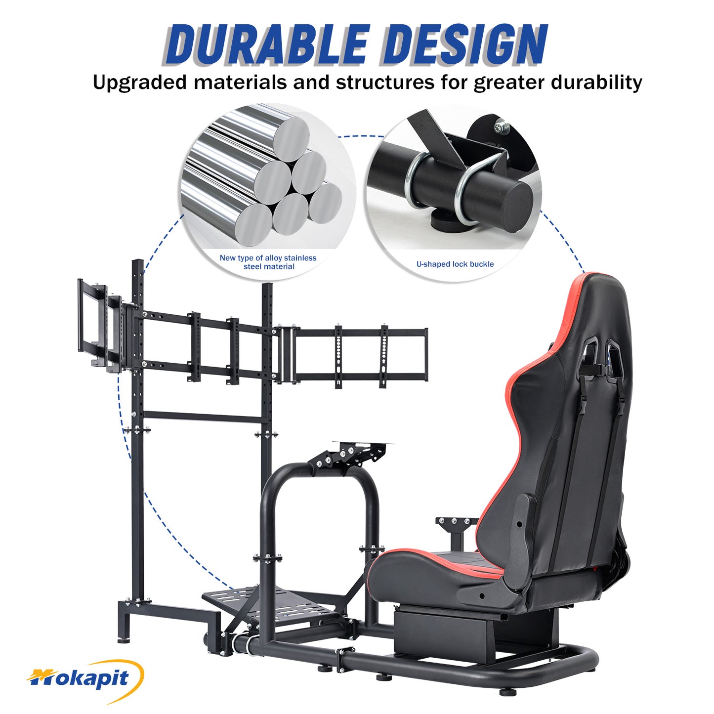 Mokapit G29 Racing Simulator Cockpit Stand with Triple Screen TV Stand and Red Seat Fit for Logitech G920 G923 Thrustmaster T300RS Fanatec, 50mm Large Round Tube Steering Wheel Stand Without shift levers, steering wheels, pedals and monitor