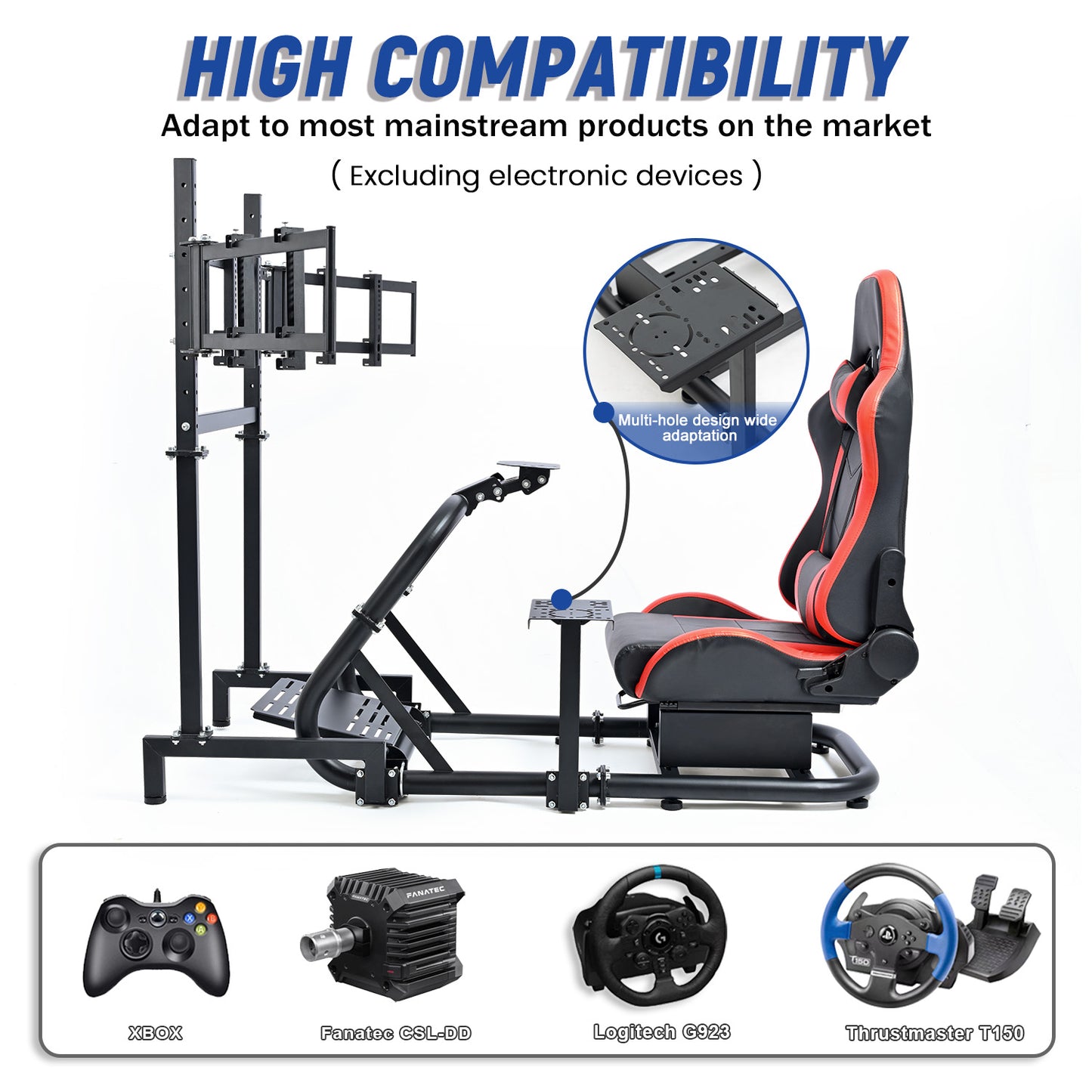 Mokapit 50mm Large Round Tube Racing Simulator Cockpit with Red Seat & Triple Screen Display Stand Fits for Logitech Pro G29/G920/G923 Thrustmaster T300RS Fanatec, Excluding Steering Wheel Pedals Shifter