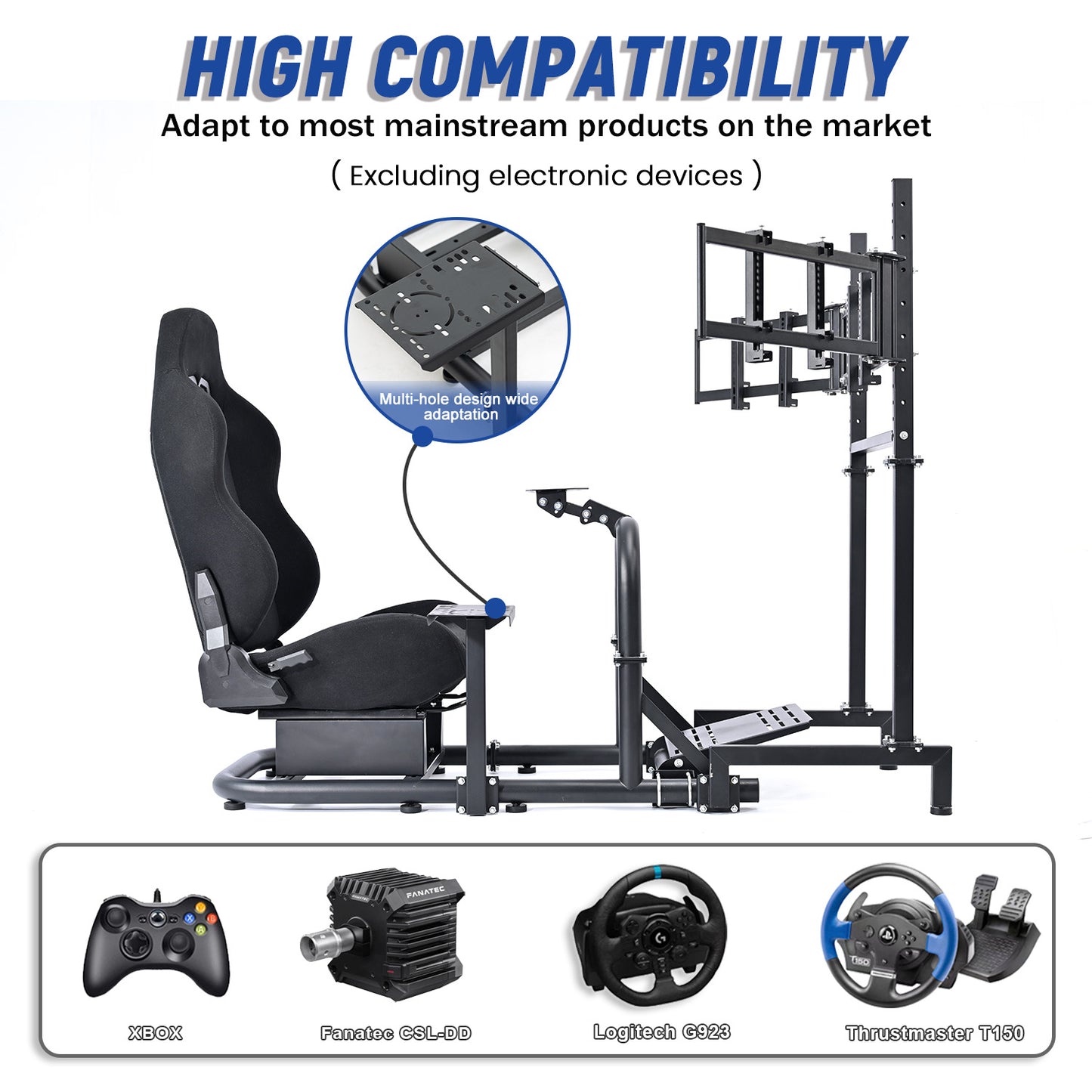 Mokapit Racing Simulator Cockpit Stand with Triple Screen TV Stand and Black Seat Fit for Logitech/ Thrustmaster/ Fanatec G29 G920 G923 T300RS, 50mm Round Tube & Steering Wheel Stand & Stable & Durable