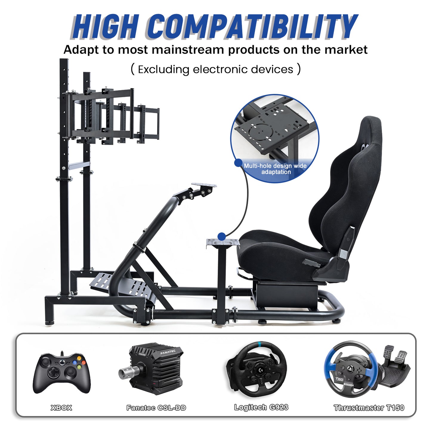 Mokapit G29 Racing Simulator Cockpit, 50mm Round Tube & Comfortable Seat &Triple Screen TV Stand Fits for Logitech Pro/G25/G27/G920/G923 Thrustmaster T300RS Fanatec, Not Included Steering Wheel Pedals Shifter and TV