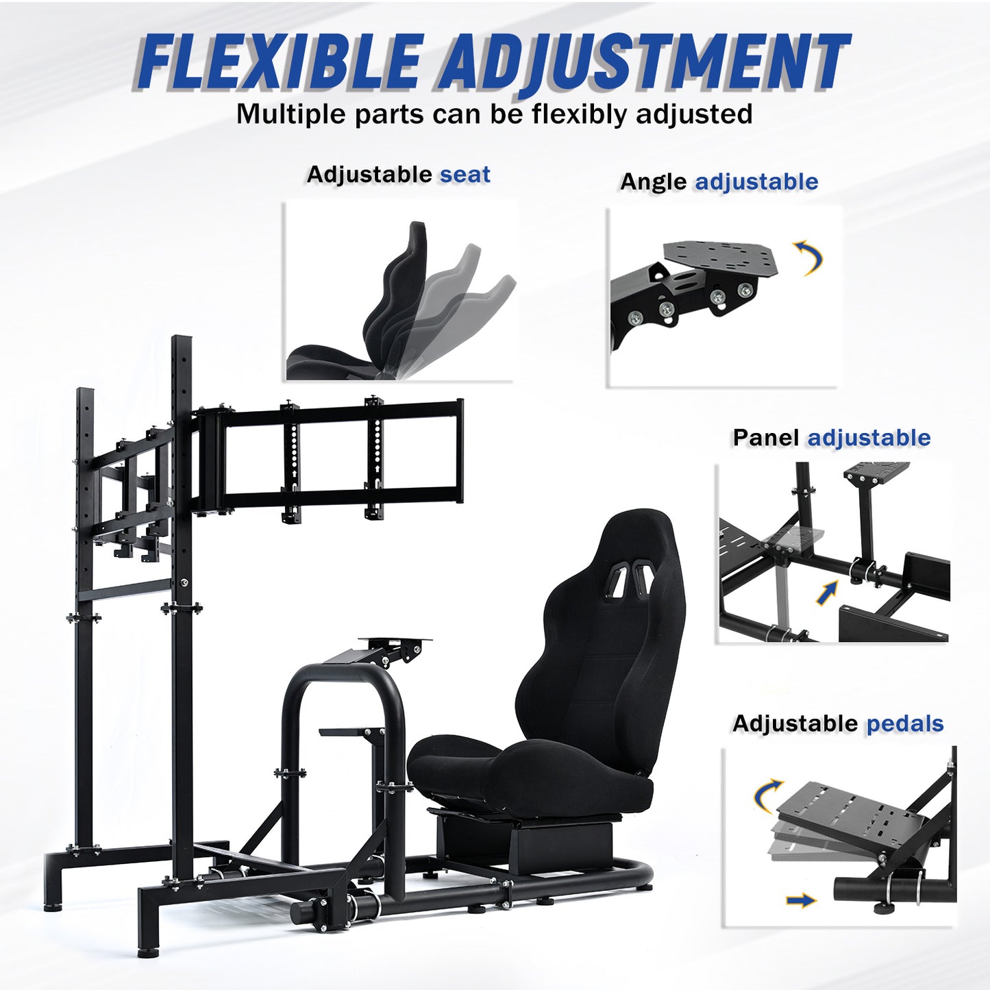 Mokapit Racing Simulator Cockpit Stand with Triple Screen TV Stand and Black Seat Fit for Logitech/ Thrustmaster/ Fanatec G29 G920 G923 T300RS, 50mm Round Tube & Steering Wheel Stand & Stable & Durable