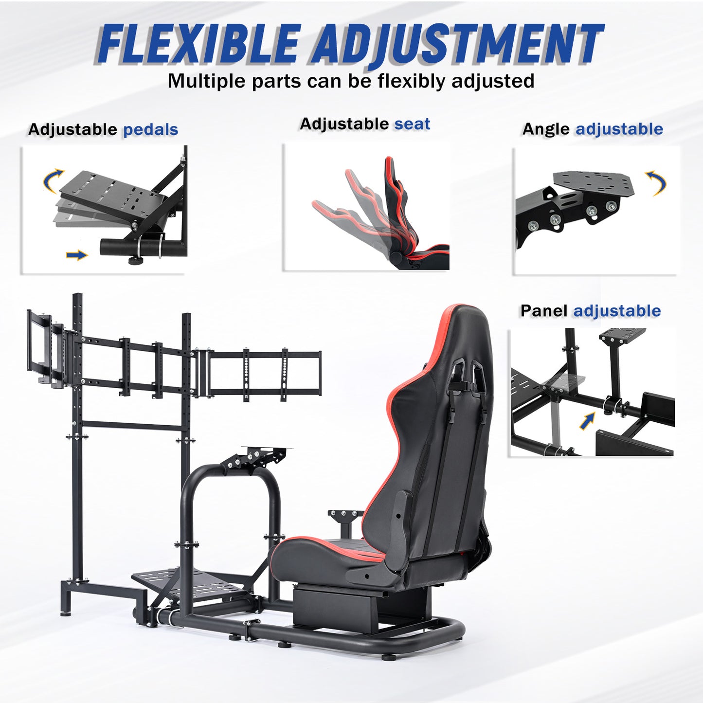Mokapit G29 Racing Simulator Cockpit Stand with Triple Screen TV Stand and Red Seat Fit for Logitech G920 G923 Thrustmaster T300RS Fanatec, 50mm Large Round Tube Steering Wheel Stand Without shift levers, steering wheels, pedals and monitor