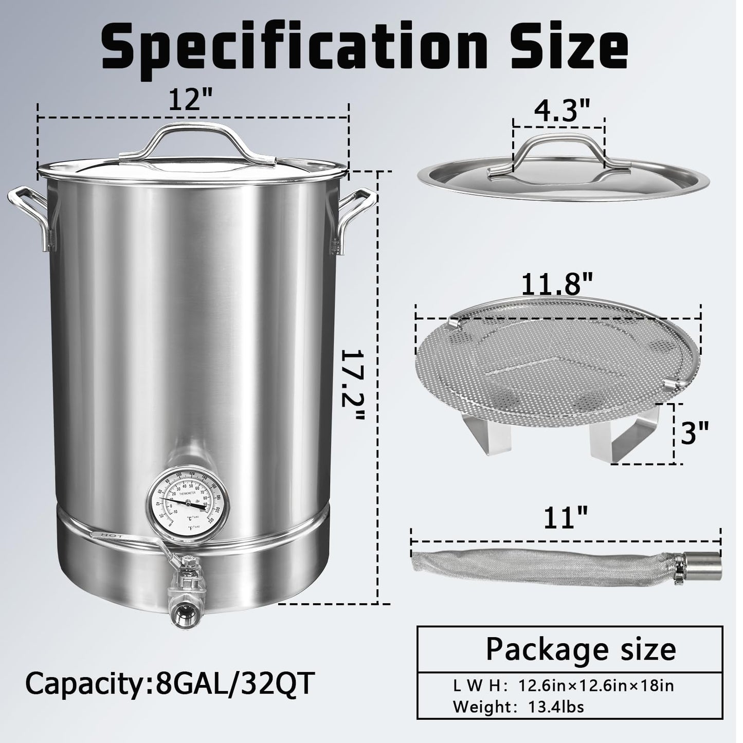32 QT Stainless Steel Brew Kettle 8 Gal Brewing Beer Keg with Valve,Dual Filtration,Thermometer and Filter Home Brew Pot Home Brewing Supplies