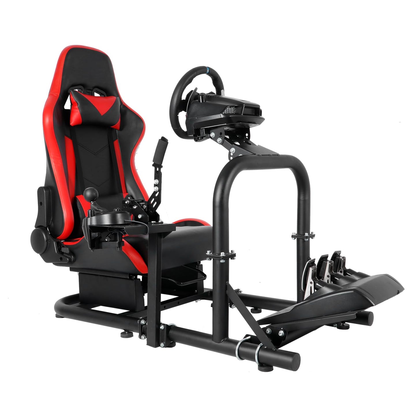 More Professional Simulator Cockpit Adjustable Compatible with Logitech/Thrustmaster/PXN/Fanatec G25,G27,G29 Round Tube with Red Seat Racing Wheel Stand Wheel & Handbrake & Pedal Not Included