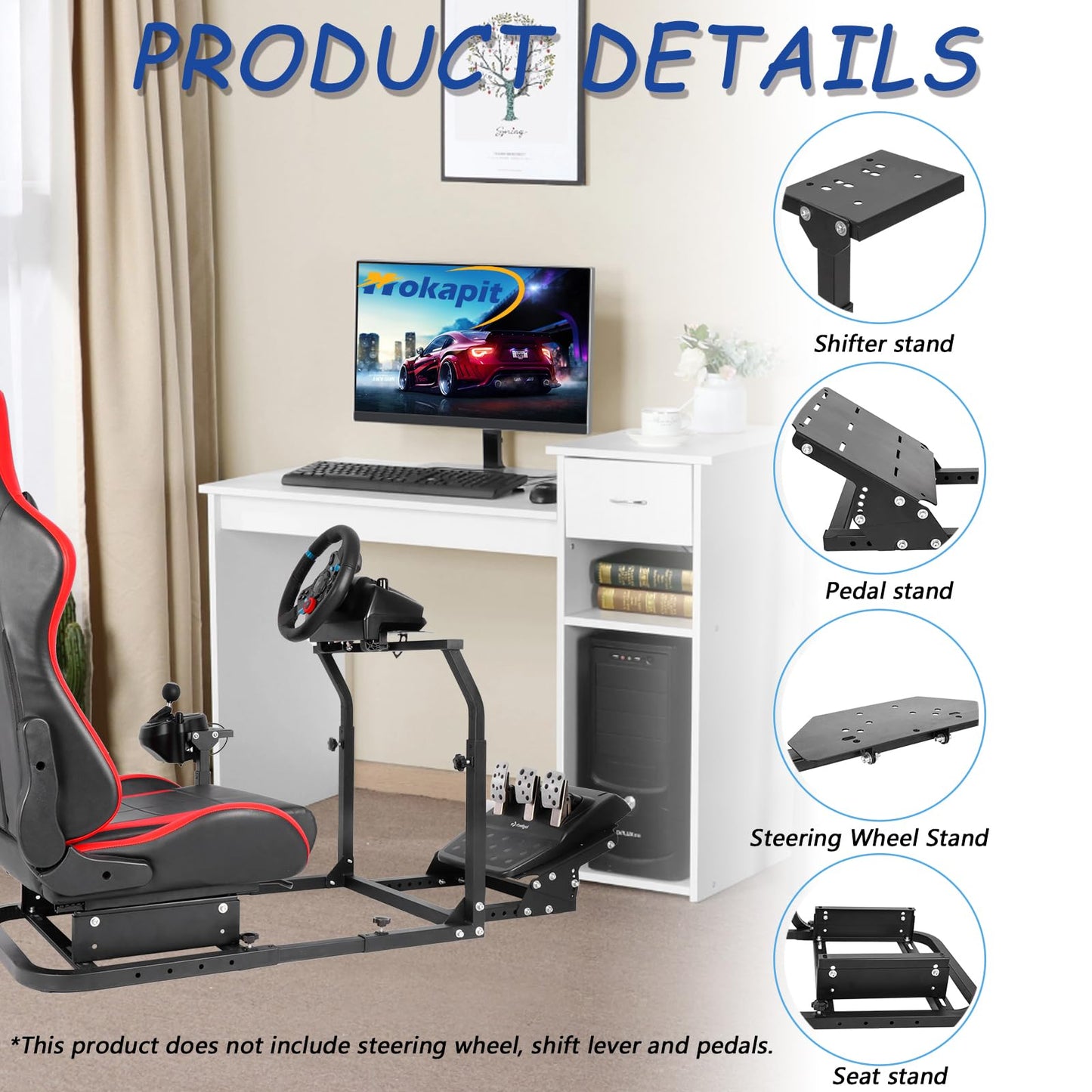 Mokapit Racing Wheel Stand with Red Seat Compatible with Logitech/Thrustmaster/Fanatec T300RS,T500RS,T300,G29 Adjustment with Red Seat Simulator Cockpit Without Wheel & Shifter & Pedals