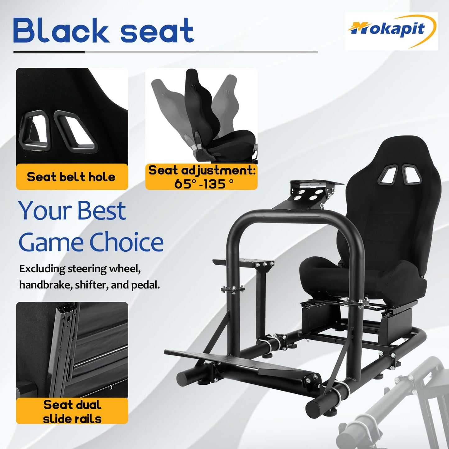 Mokapit Professional Simulator Cockpit with Black Seat,50mm Round Tube & Adjustable,Compatible with Logitech/Thrustmaster/Fanatec G25,G27,G29, Steering Wheel/Handbrake/Pedal Not Included