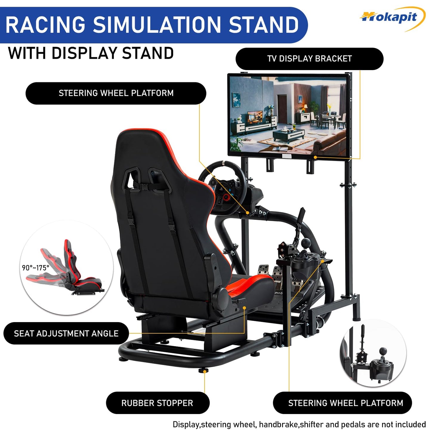 More Stable Racing Sim Cockpit TV with Red Seat Compatible with Logitech,Thrustmaster,PXN,Fanatec G27,G923,G29,G920 Monitor Stand Round Tube Frame No Steering Wheel, Pedal and Handbrake