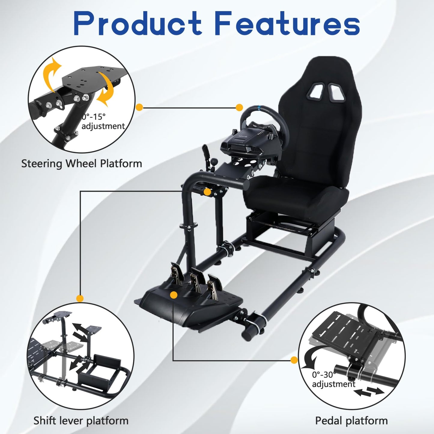 Racing Steering Wheel Stand With Black Seat Round Tube Game Stand Suitable for Logitech,Thrustmaster,Fanatec Single Arm Stand No pedals, steering wheel and handbrake More stable