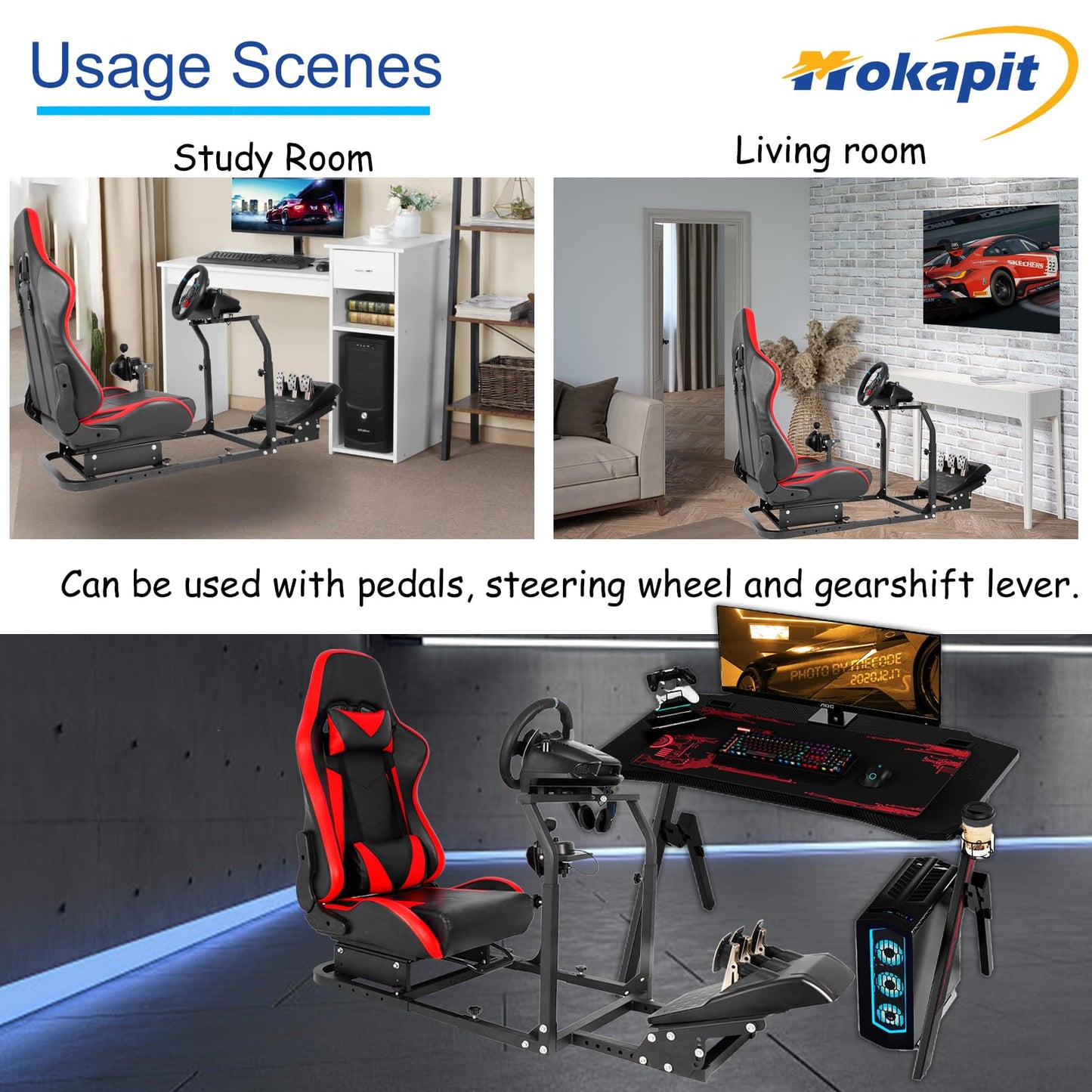 Mokapit Racing Wheel Stand with Red Seat Compatible with Logitech/Thrustmaster/Fanatec T300RS,T500RS,T300,G29 Adjustment with Red Seat Simulator Cockpit Without Wheel & Shifter & Pedals