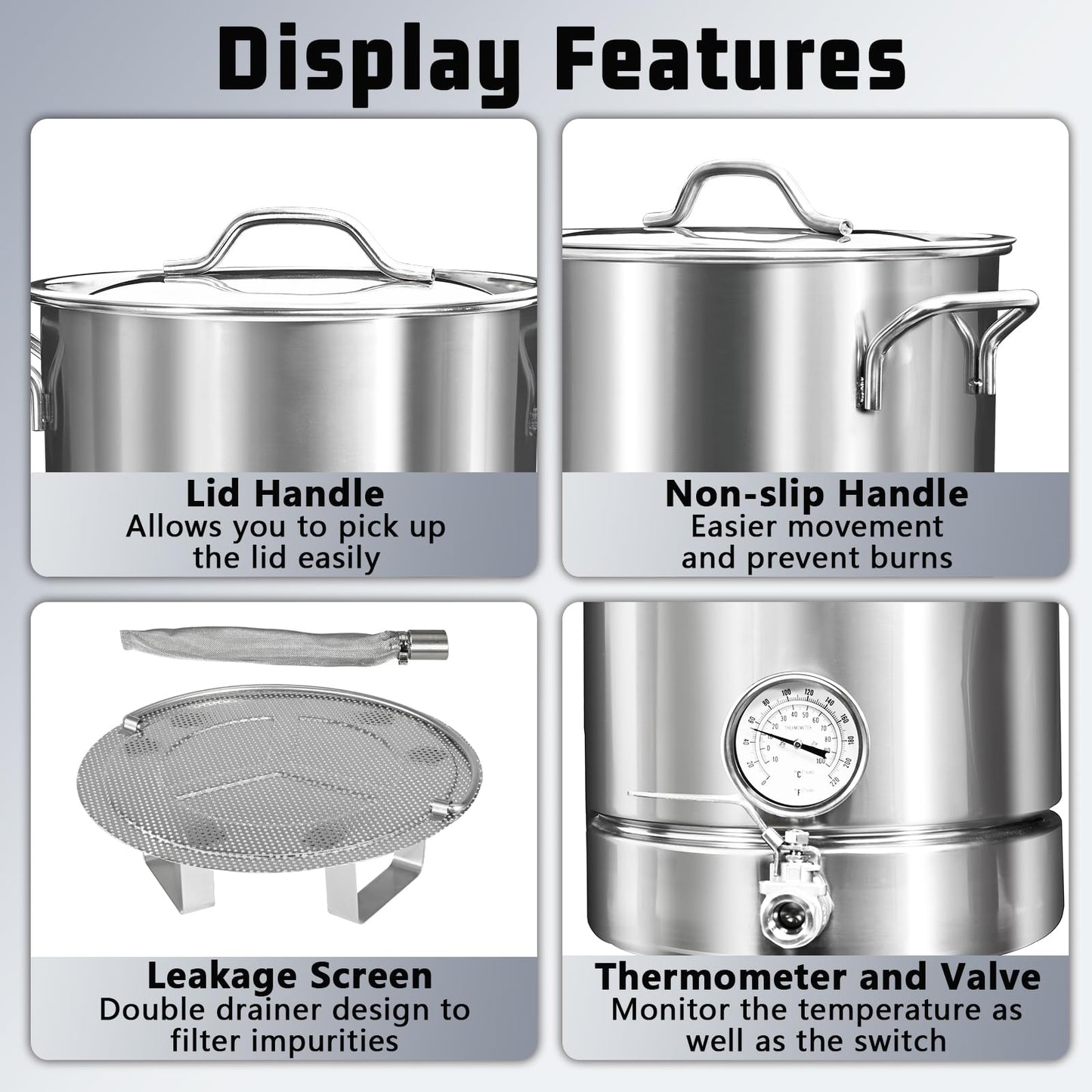 32 QT Stainless Steel Brew Kettle 8 Gal Brewing Beer Keg with Valve,Dual Filtration,Thermometer and Filter Home Brew Pot Home Brewing Supplies