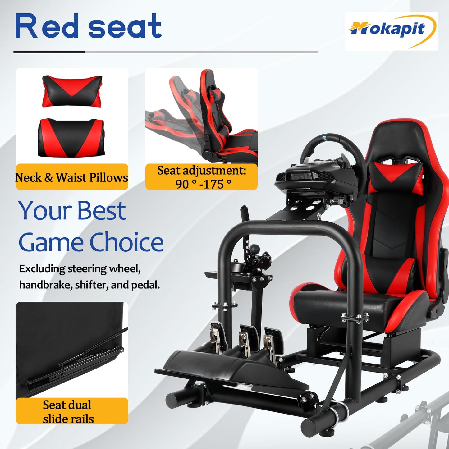 More Professional Simulator Cockpit Adjustable Compatible with Logitech/Thrustmaster/PXN/Fanatec G25,G27,G29 Round Tube with Red Seat Racing Wheel Stand Wheel & Handbrake & Pedal Not Included