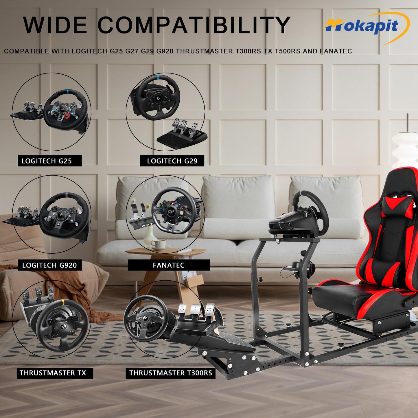 Mokapit Racing Wheel Stand with Red Seat Compatible with Logitech/Thrustmaster/Fanatec T300RS,T500RS,T300,G29 Adjustment with Red Seat Simulator Cockpit Without Wheel & Shifter & Pedals