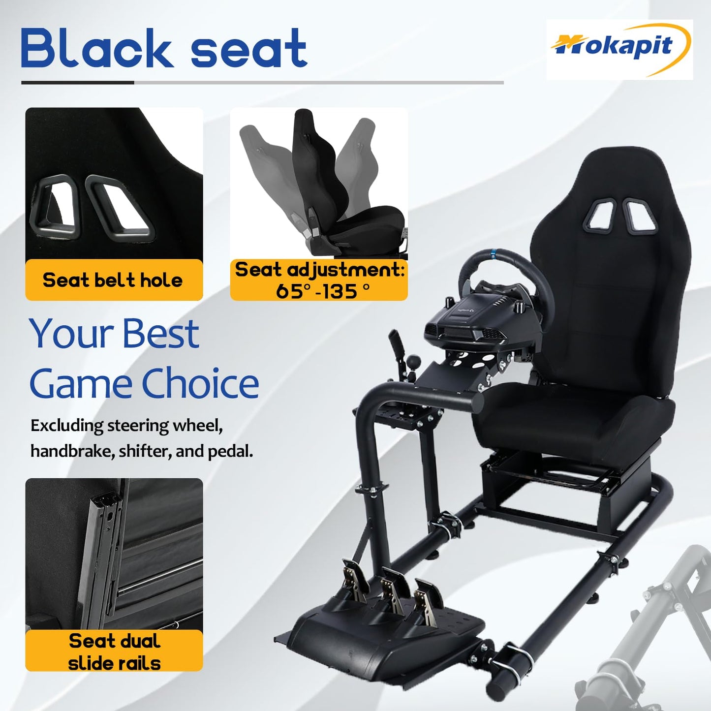 Racing Steering Wheel Stand With Black Seat Round Tube Game Stand Suitable for Logitech,Thrustmaster,Fanatec Single Arm Stand No pedals, steering wheel and handbrake More stable