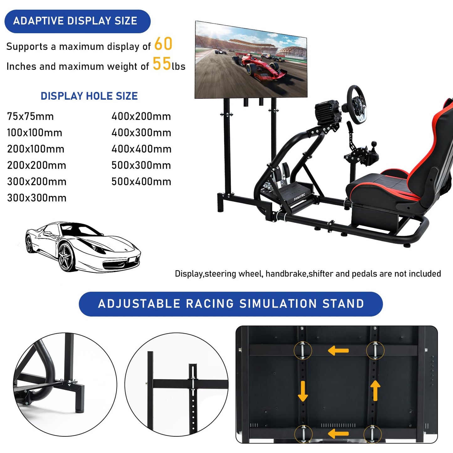 More Stable Racing Sim Cockpit TV with Red Seat Compatible with Logitech,Thrustmaster,PXN,Fanatec G27,G923,G29,G920 Monitor Stand Round Tube Frame No Steering Wheel, Pedal and Handbrake
