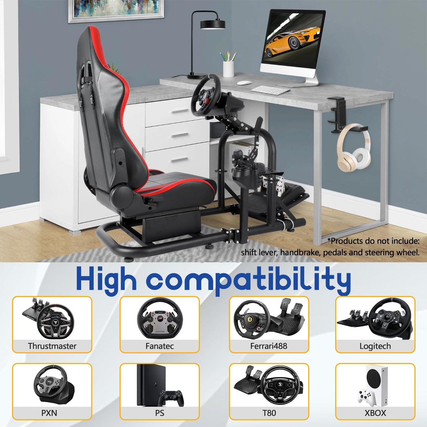 More Professional Simulator Cockpit Adjustable Compatible with Logitech/Thrustmaster/PXN/Fanatec G25,G27,G29 Round Tube with Red Seat Racing Wheel Stand Wheel & Handbrake & Pedal Not Included