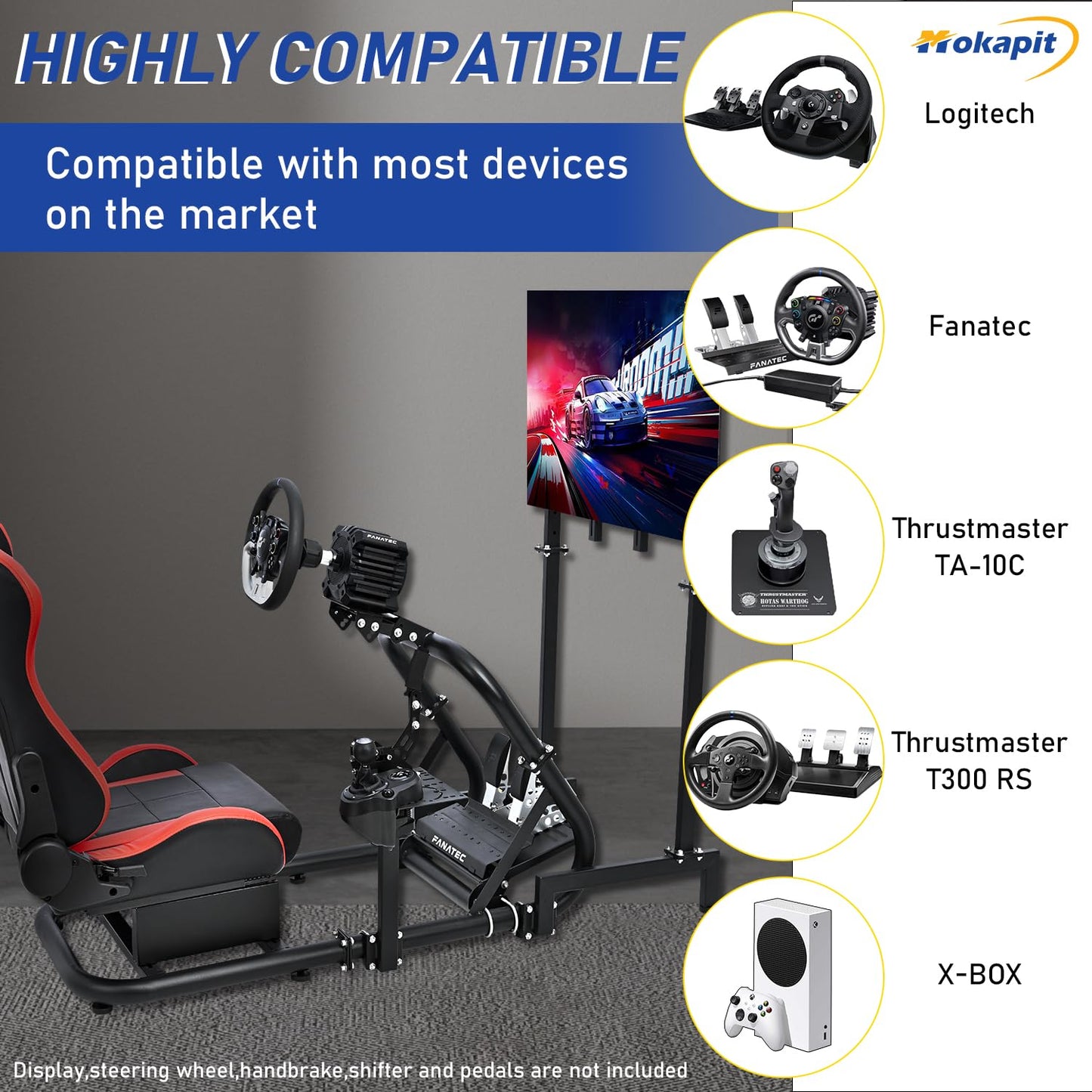More Stable Racing Sim Cockpit TV with Red Seat Compatible with Logitech,Thrustmaster,PXN,Fanatec G27,G923,G29,G920 Monitor Stand Round Tube Frame No Steering Wheel, Pedal and Handbrake