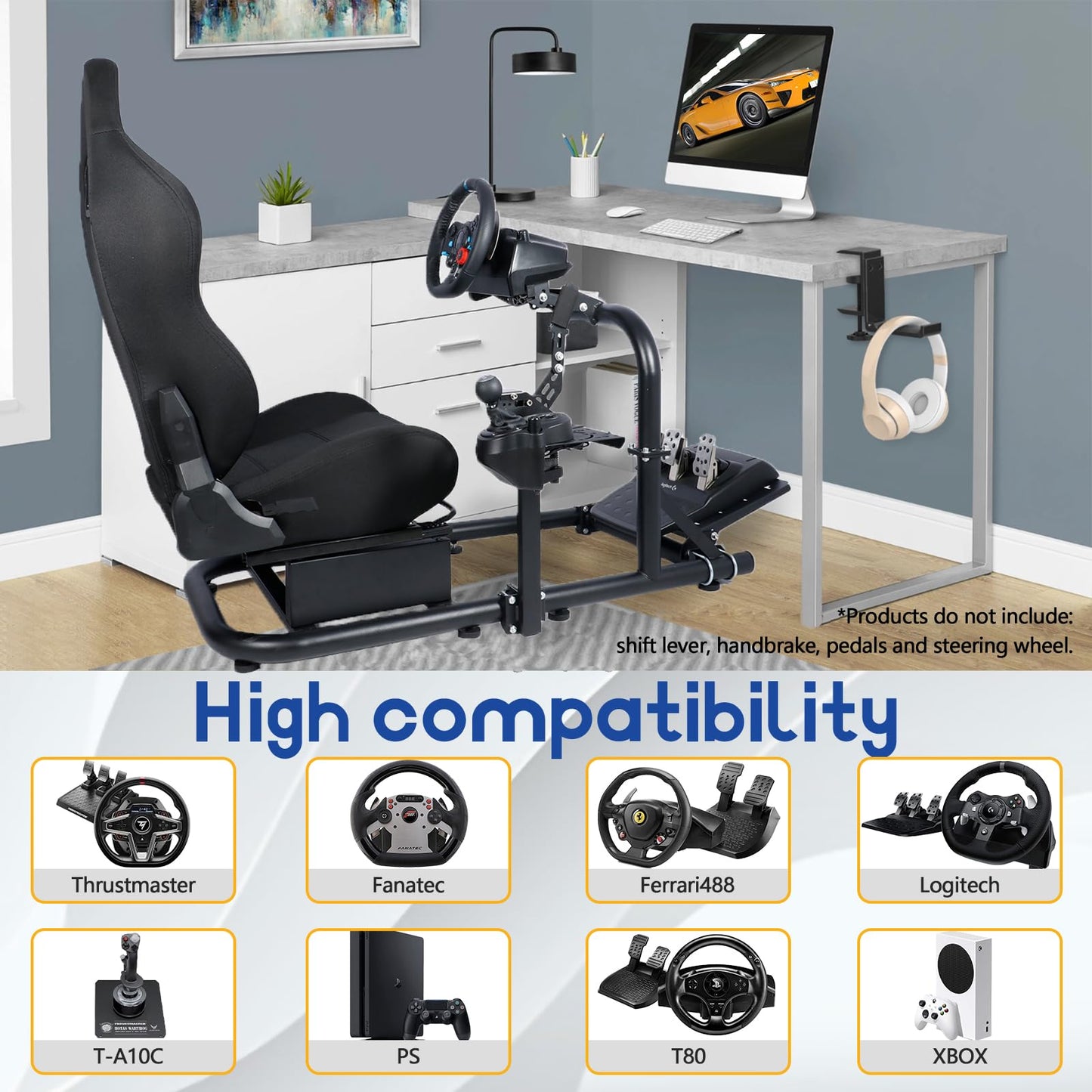 Racing Steering Wheel Stand With Black Seat Round Tube Game Stand Suitable for Logitech,Thrustmaster,Fanatec Single Arm Stand No pedals, steering wheel and handbrake More stable