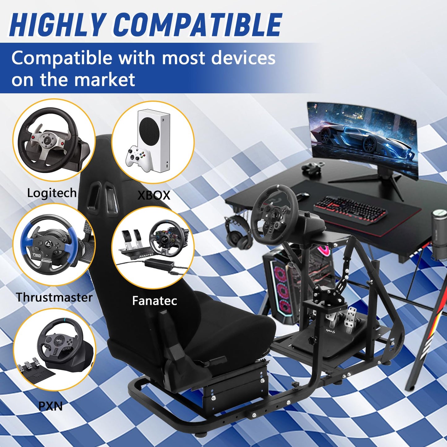 Mokapit Racing Sim Cockpit Monitor Installation Stand with Black Seat Compatible with Logitech,Thrustmaster,PXN,Fanatec More Stable TV Game Stand Steering Wheel & Shift Lever & Pedal Not Include