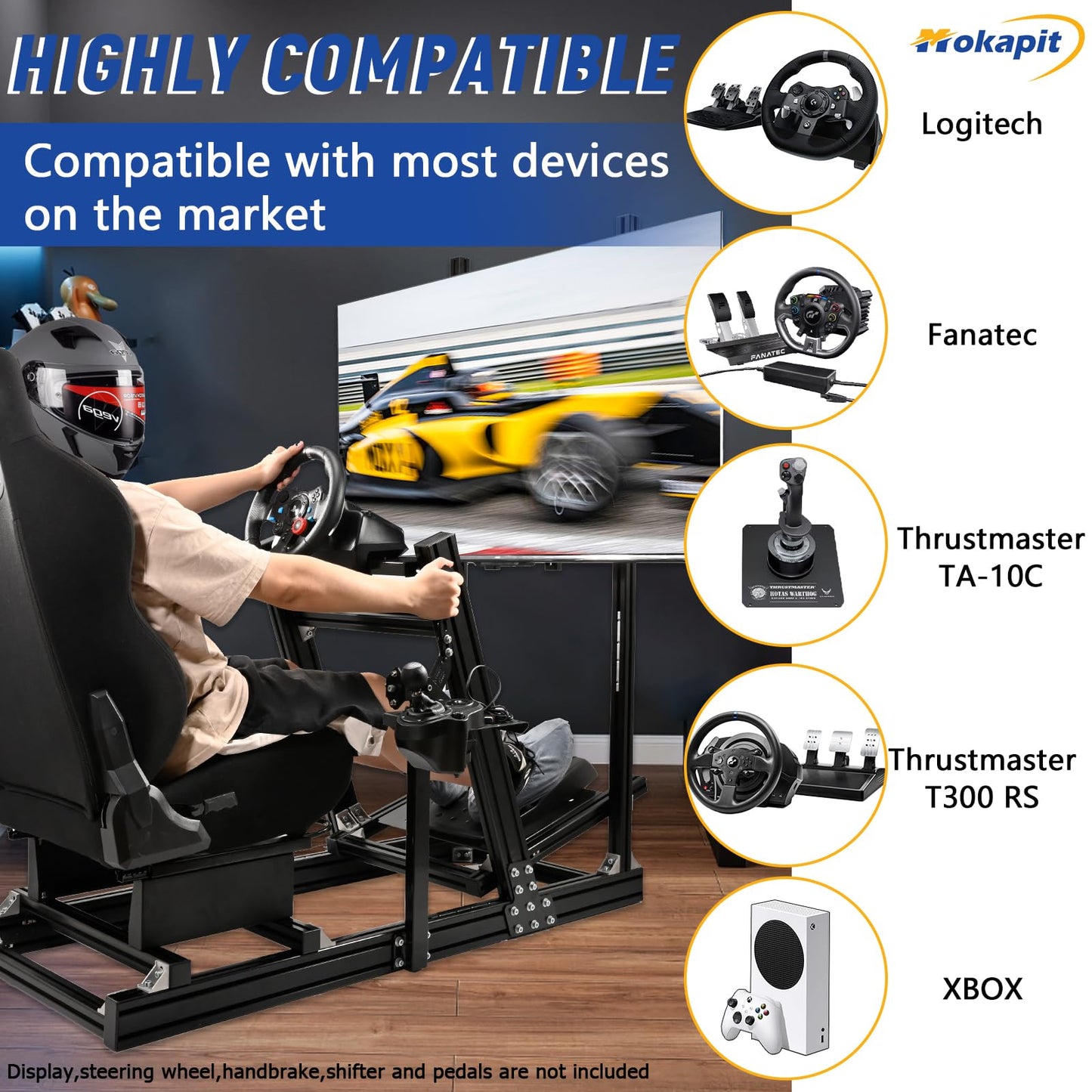 Mokapit Racing Simulator Cockpit F1/Truck High Strength Aluminum Stand Compatible with Logitech,Thrustmaster,PXN and Fanatec Stable TV Stand with Black Seat Wheel&Pedals& Handbrake Not Included