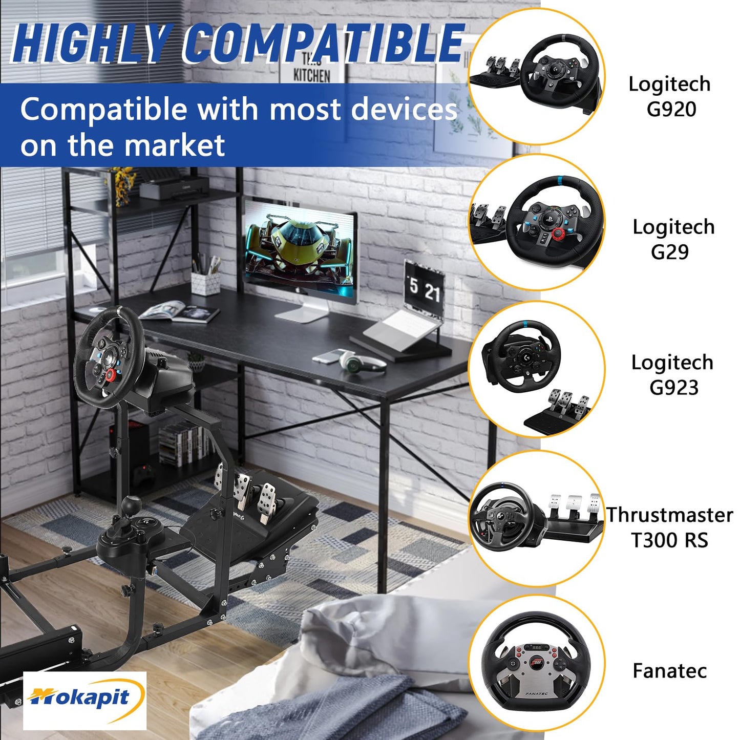 Mokapit Racing Cockpit Adjustment Compatible with Logitech/Thrustmaster/PXN/Fanatec T500 RS,T300 RS,T300,G25,G27,G29,G920 Racing Steering Stand Without Wheel&Handbrake & Pedals