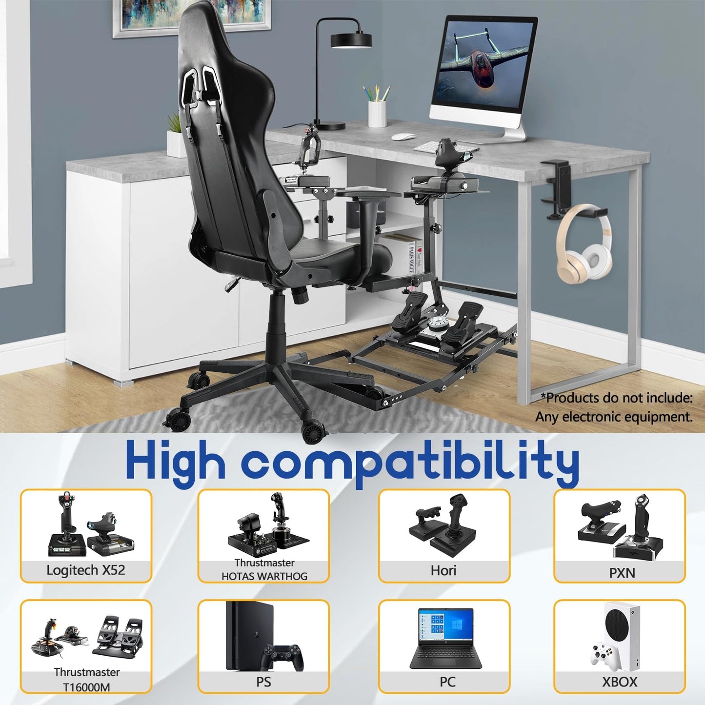Flight Joystick Simulator Cockpit with Pedal Stand (With Fixed Slot )& Gaming Seat Pedal Fit for Logitech, Thrustmaster, PXN X52,X56 Home/Office Use Flying Sim Stand Joystick Not Included