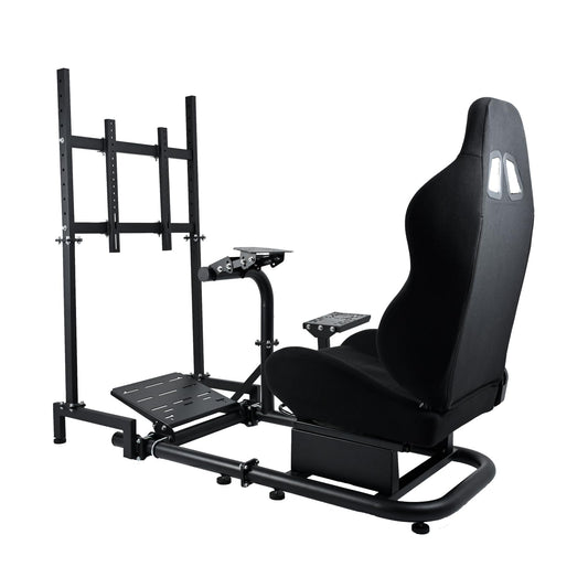 Mokapit Racing Simulator Cockpit with TV Mount Round Tube Game Stand Suitable for Logitech,Thrustmaster,Fanatec Single Arm Stand No Pedals, Steering Wheel and Handbrake with Black Seat