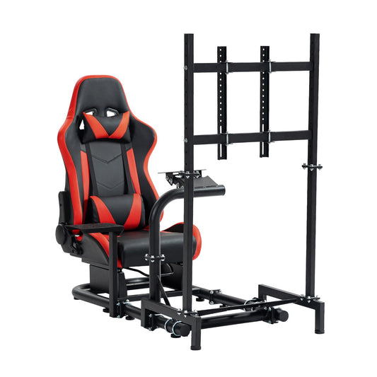 Racing Simulator Cockpit with TV Mount Round Tube Game Stand Suitable for Logitech,Thrustmaster,Fanatec Single Arm Stand No Pedals, Steering Wheel and Handbrake with Red Seat