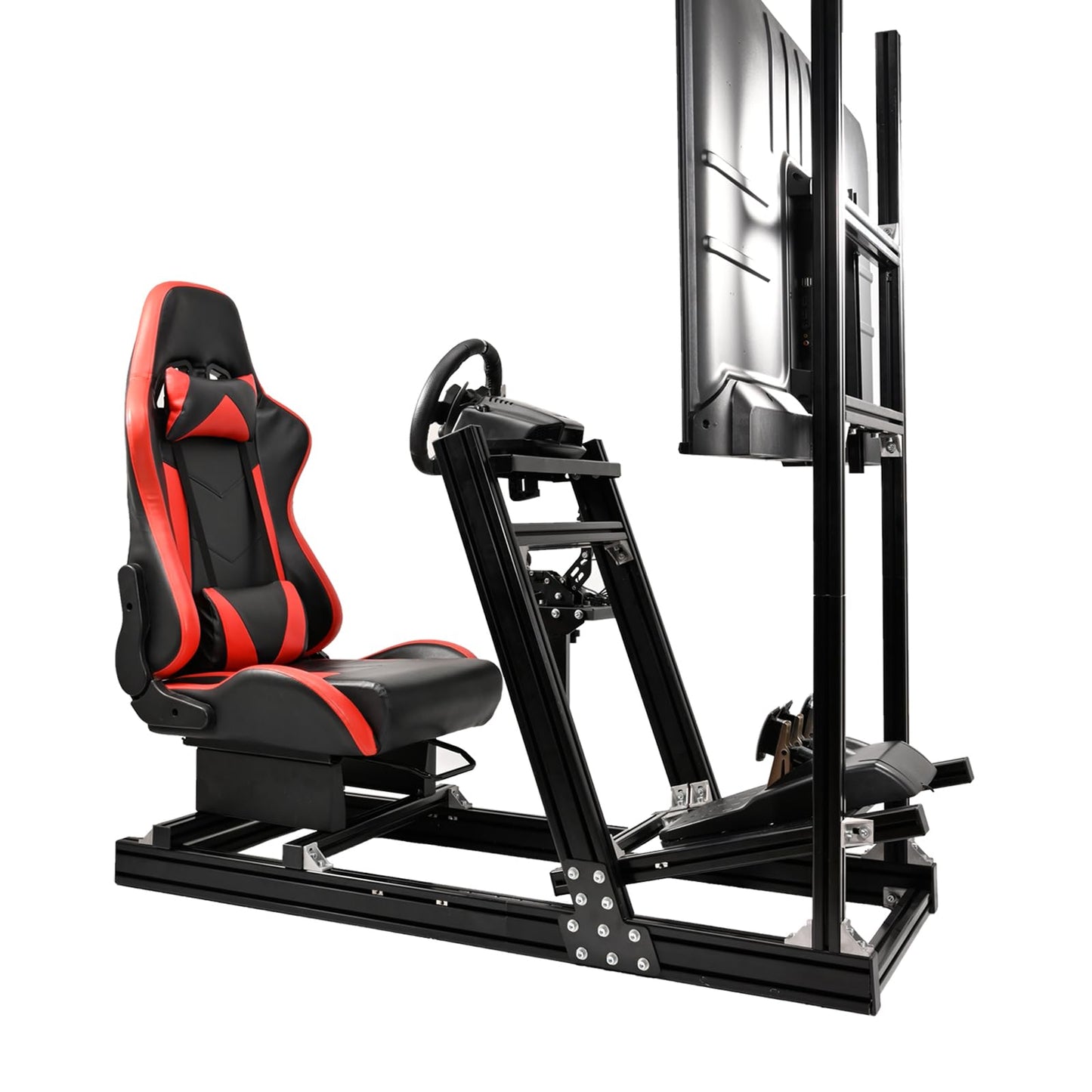 Mokapit F1 Racing Cockpit High Strength Aluminum Compatible with Logitech,PXN,Thrustmaster,Moza and Fanatec Stable Monitor Stand with Red Seat Wheel&Pedals& Handbrake Not Included