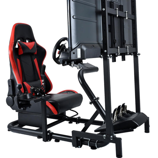 Single Arm Racing Simulator Cockpit TV with Seat Compatible with Logitech/Thrustmaster/PXN/Fanatec G27,G923,G29,G920 Monitor Stand Round Tube Frame No Steering Wheel & Pedal & Handbrake