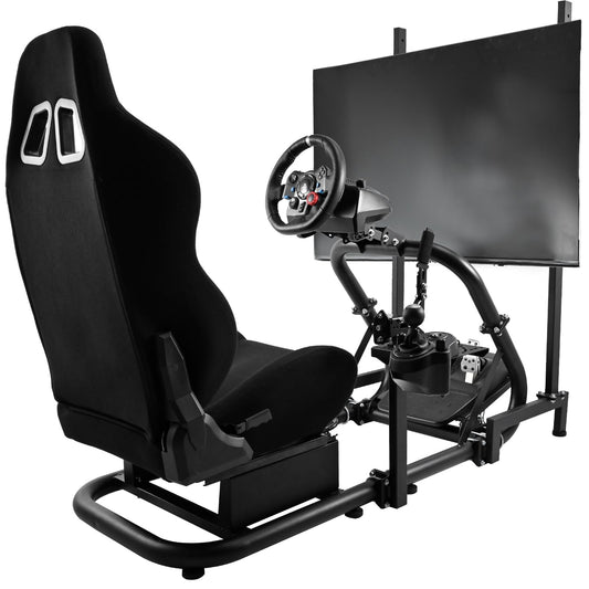 Mokapit Stable Racing Sim Cockpit TV with Black Seat Compatible with Logitech,Thrustmaster,PXN,Fanatec G27,G923,G29,G920 Monitor Stand Round Tube Frame No Steering Wheel Pedal Handbrake