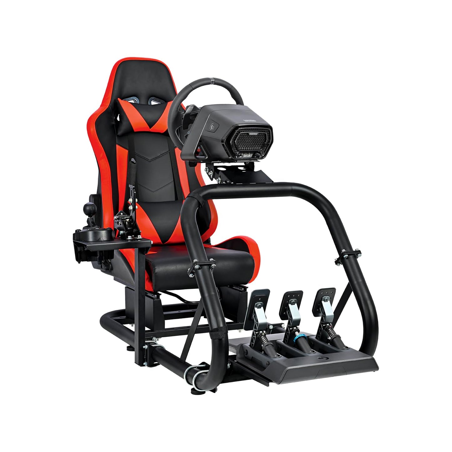 Racing Simulation Cockpit Round Tube Game Stand Suitable for Logitech G27 G923 Thrustmaster T300RS More Stable |No pedals, Steering Wheel and Handbrake|With red seat