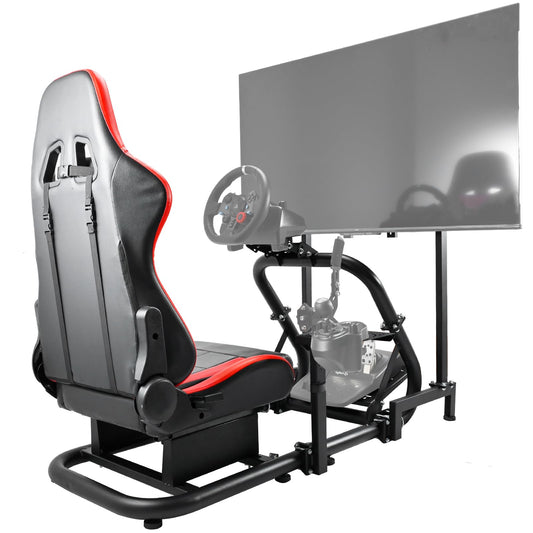 More Stable Racing Sim Cockpit TV with Red Seat Compatible with Logitech,Thrustmaster,PXN,Fanatec G27,G923,G29,G920 Monitor Stand Round Tube Frame No Steering Wheel, Pedal and Handbrake