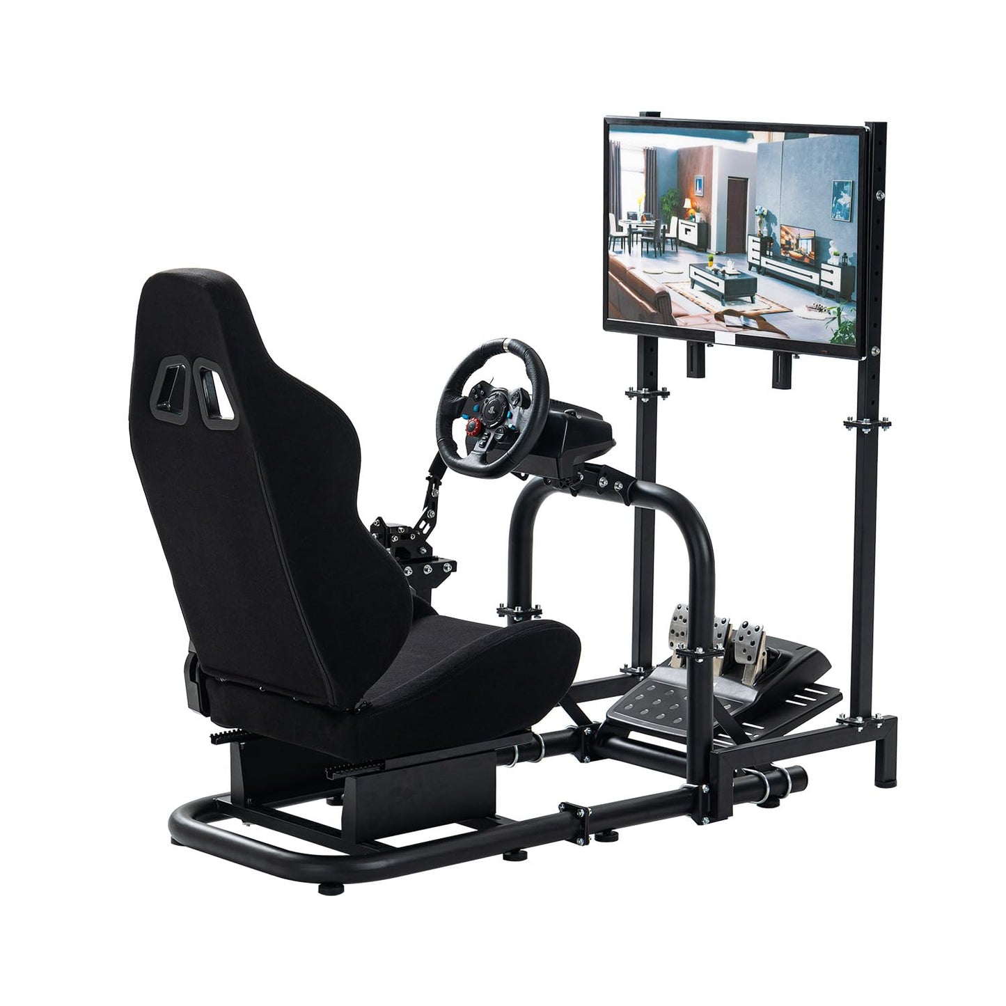 Mokapit Simulator Cockpit with Racing Seat Monitor Stand Compatible with Logitech G29 G920, Thrustmaster, Fanatec, Sim Racing Cockpit without Wheel Pedal Shifter Handbrake TV