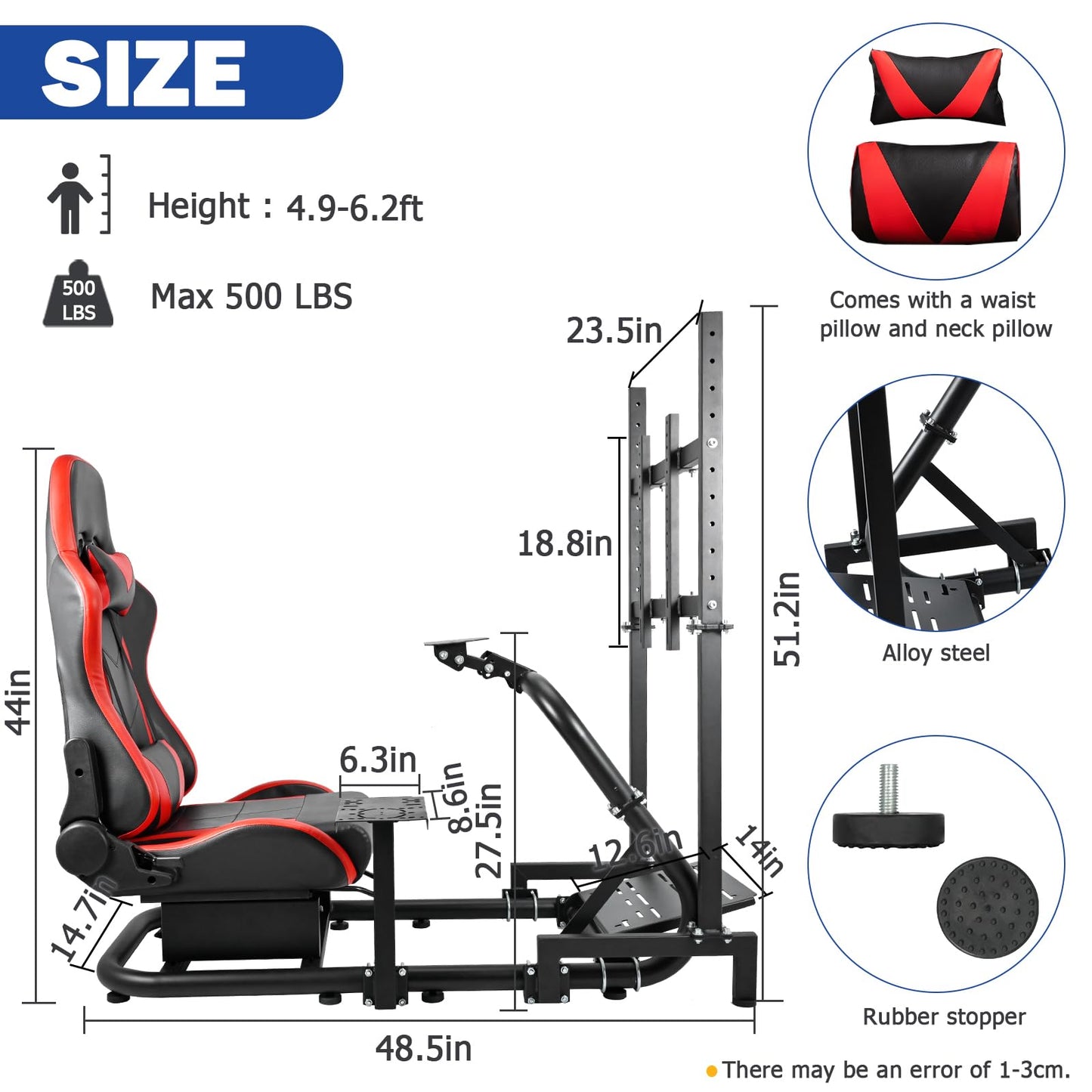 Single Arm Racing Simulator Cockpit TV with Seat Compatible with Logitech/Thrustmaster/PXN/Fanatec G27,G923,G29,G920 Monitor Stand Round Tube Frame No Steering Wheel & Pedal & Handbrake