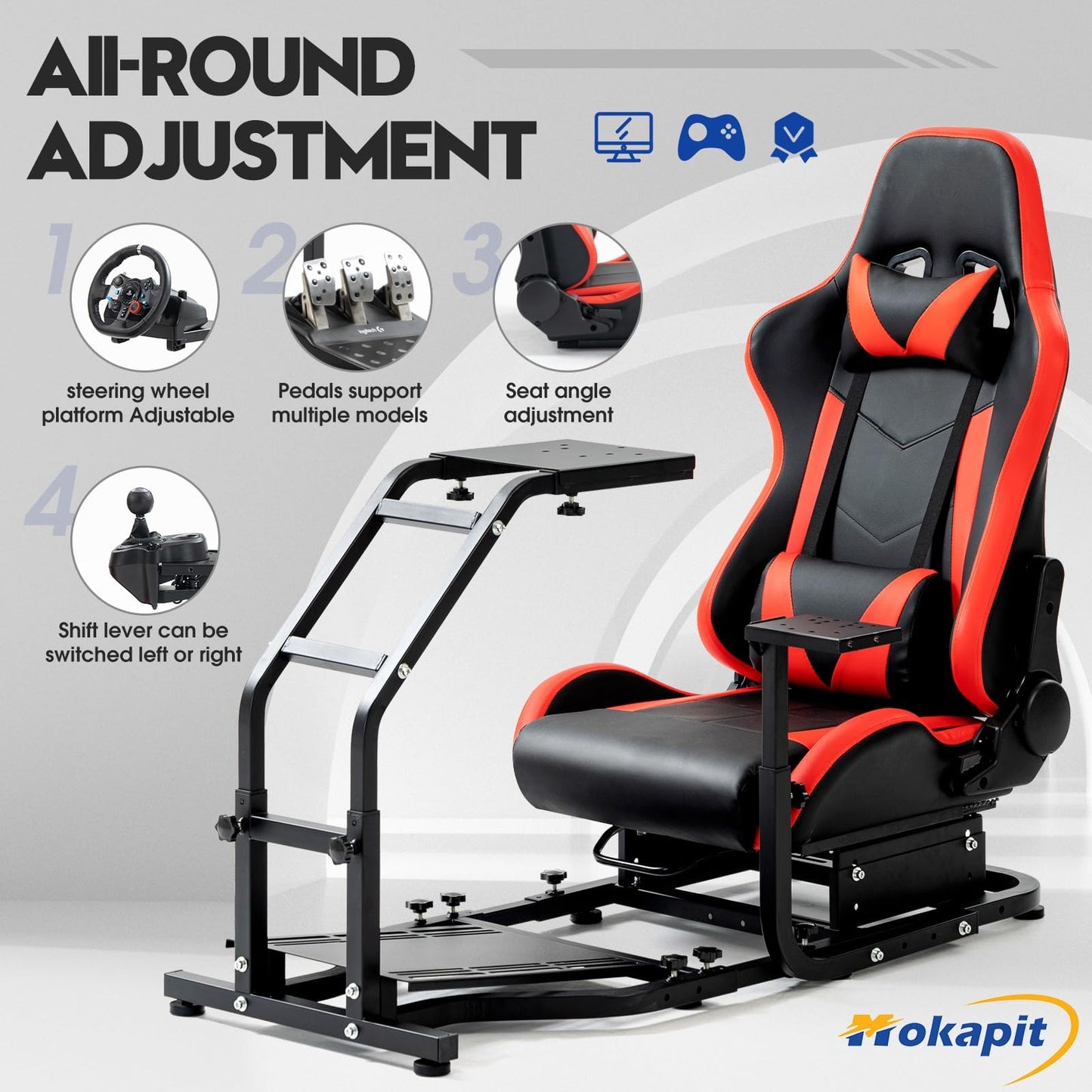 Mokapit Racing Simulator Cockpit with Red Seat Fit for Thrustmaster/Logitech/PXN T300RS,TX F458, G29,G920 G923 Adjustable Driving Simulator Stand Wheel & Handbrake & Pedal Not Included