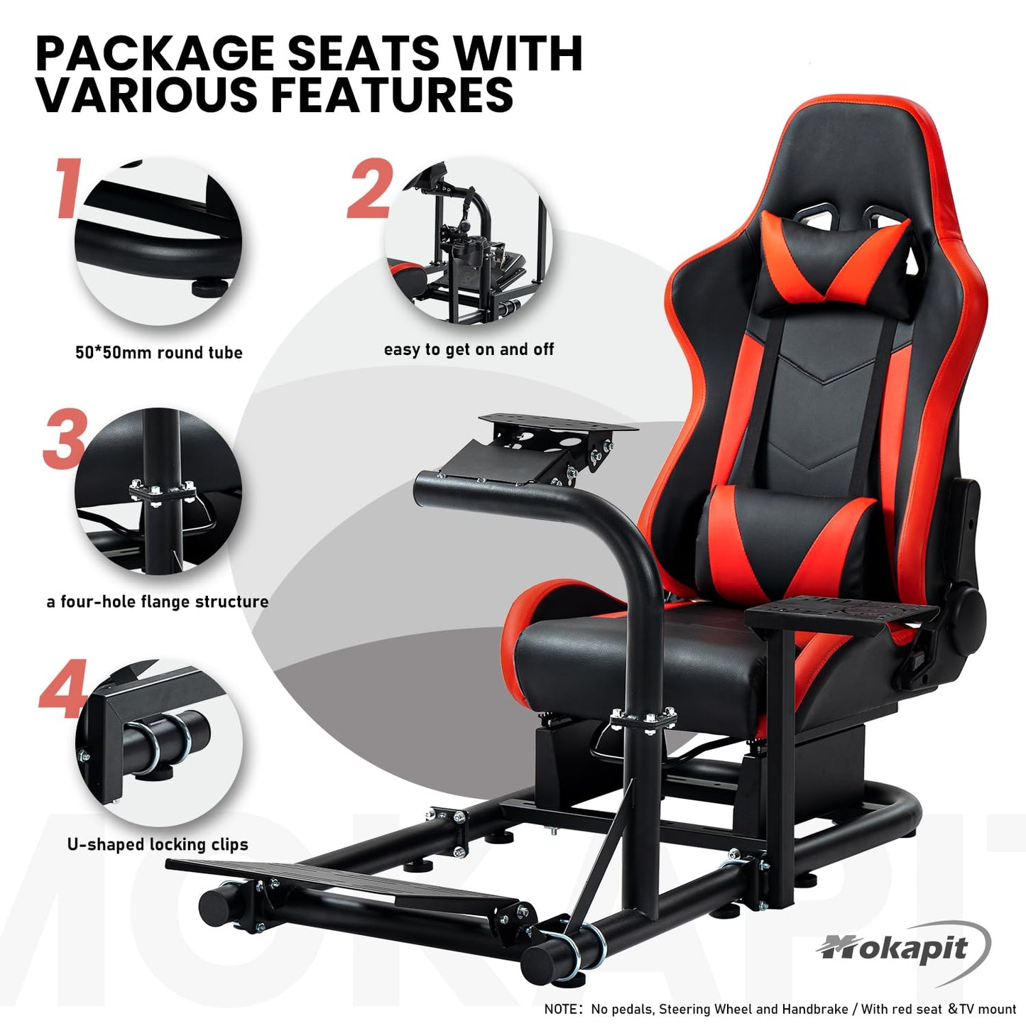 Racing Simulator Cockpit with TV Mount Round Tube Game Stand Suitable for Logitech,Thrustmaster,Fanatec Single Arm Stand No Pedals, Steering Wheel and Handbrake with Red Seat